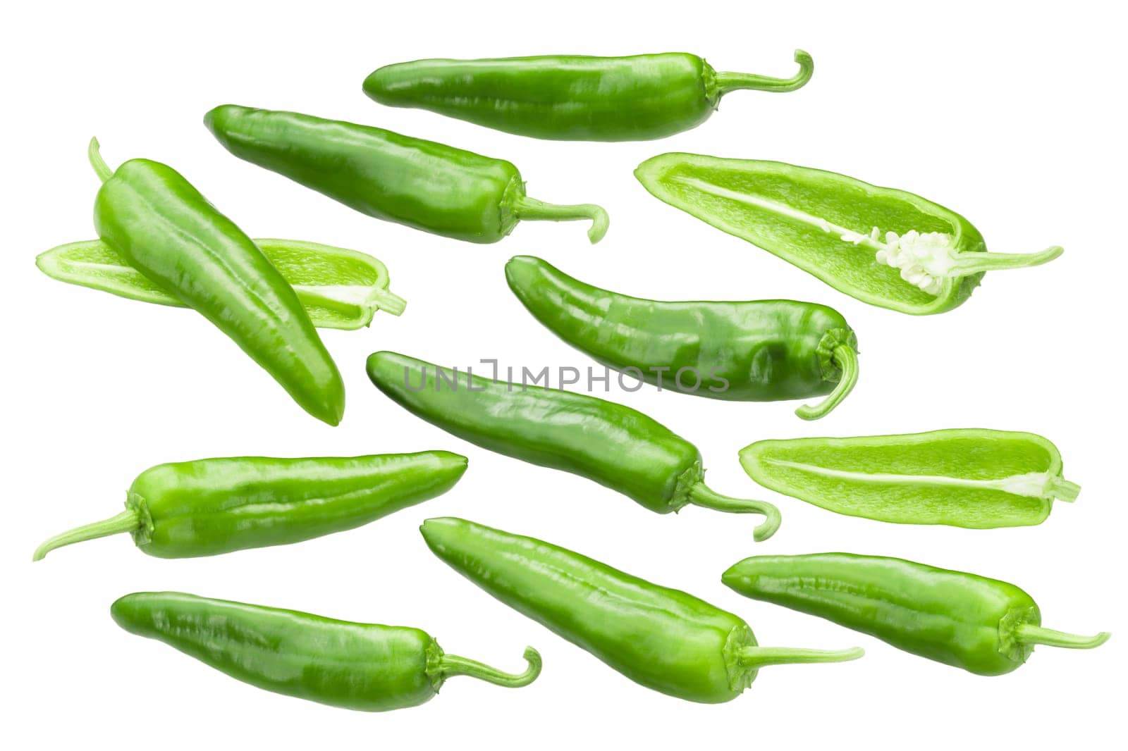 Numex Joe E. Parker chile peppers, whole and split green pods