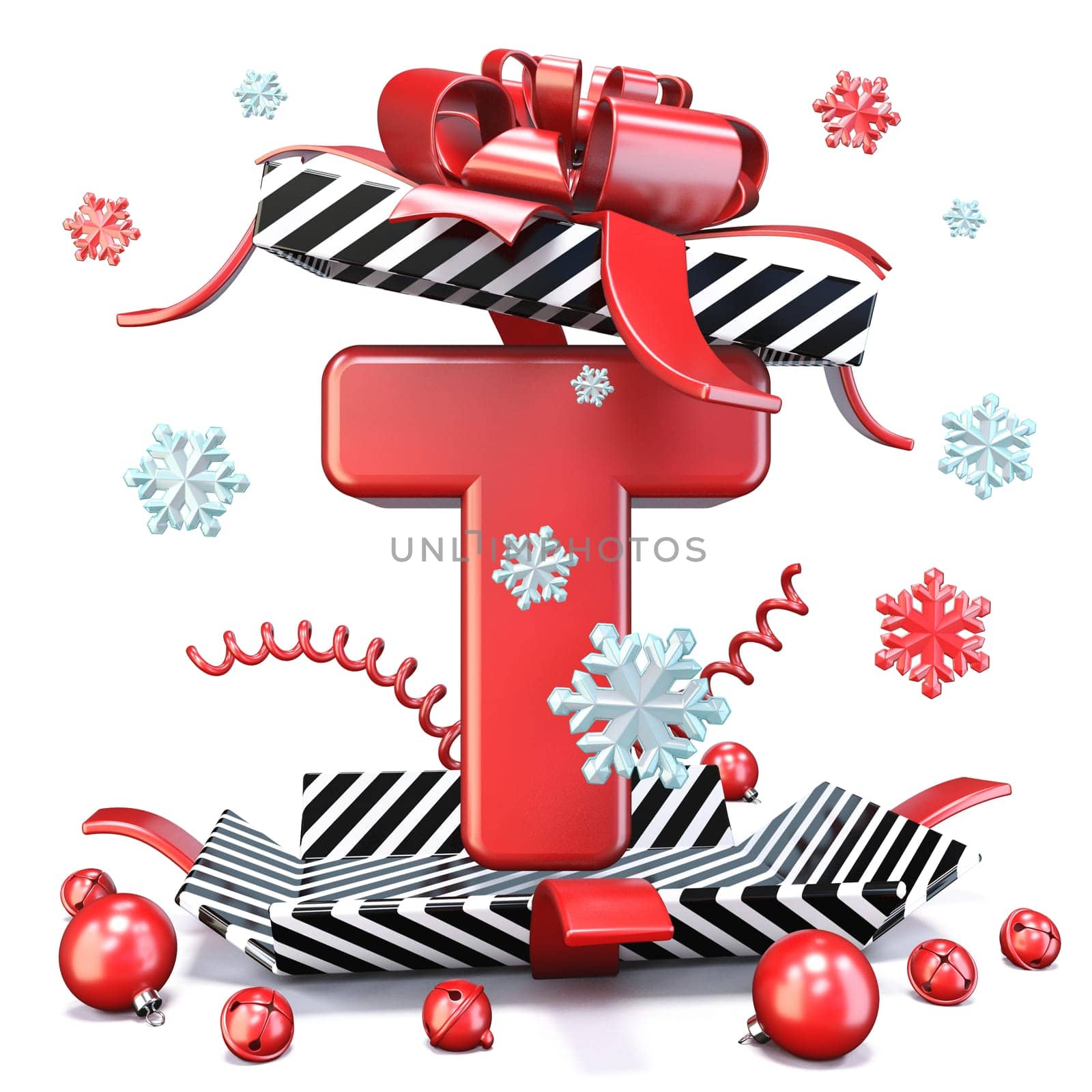 Red Letter T inside open gift box 3D rendering illustration isolated on white background