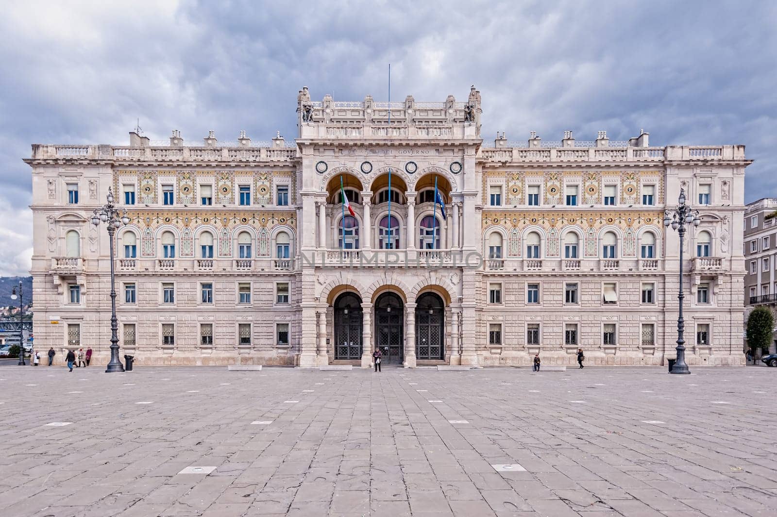 Trieste,Italy - February  - 20 - 2018 : Unity of Italy Square, home of the Prefecture of the city.(Piazza Unità d'Italia,Palazzo della Prefettura)