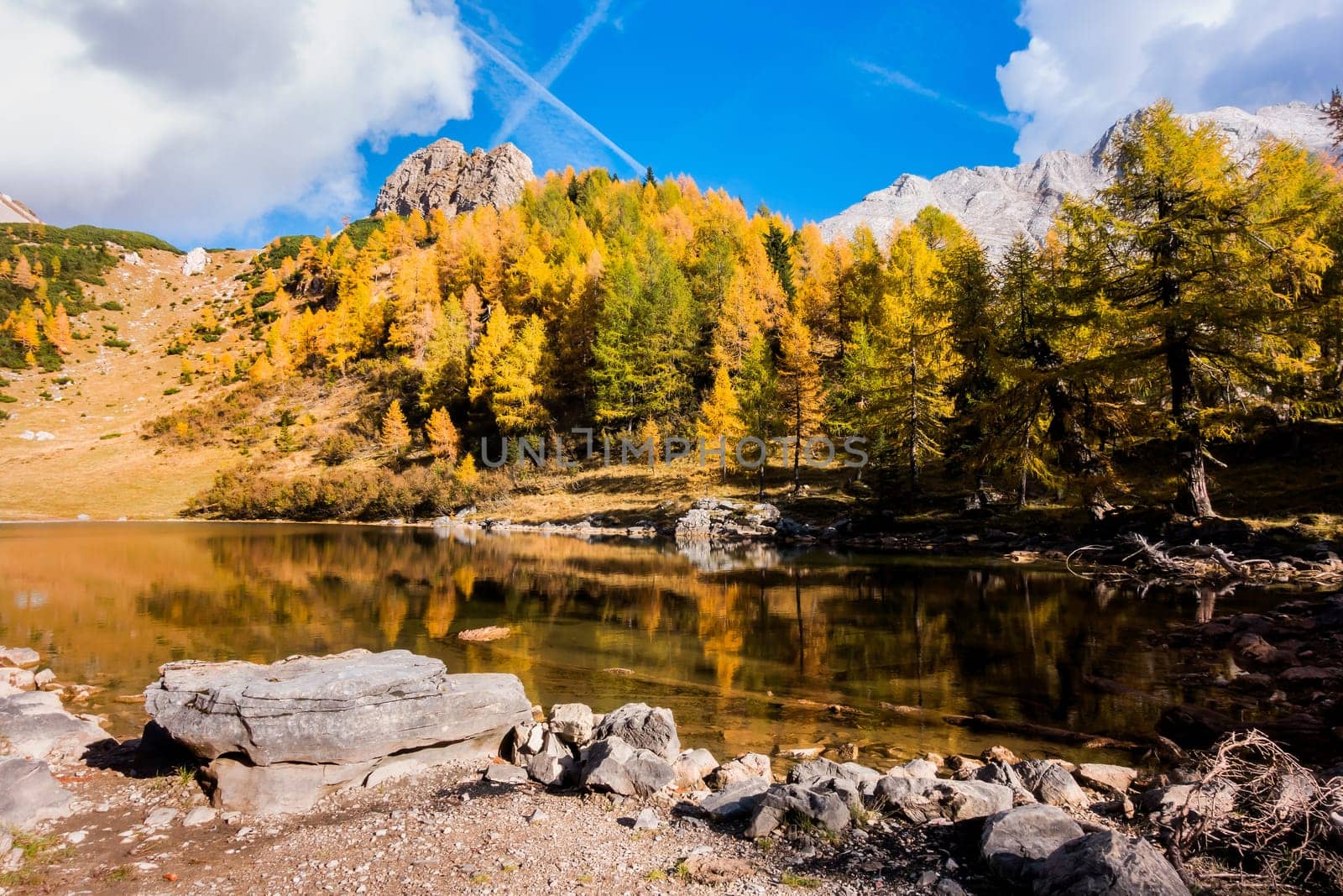Colorful autumn landscape mountain. Mountains, lake and colrful trees. Italy, Friuli, Lake of Bordaglia.
