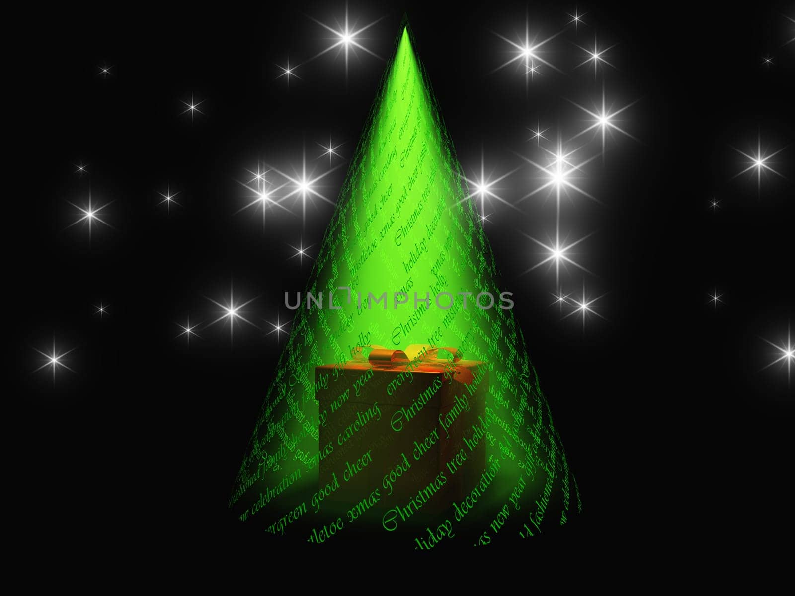 Christmas text with light in shape of tree reveals gift box