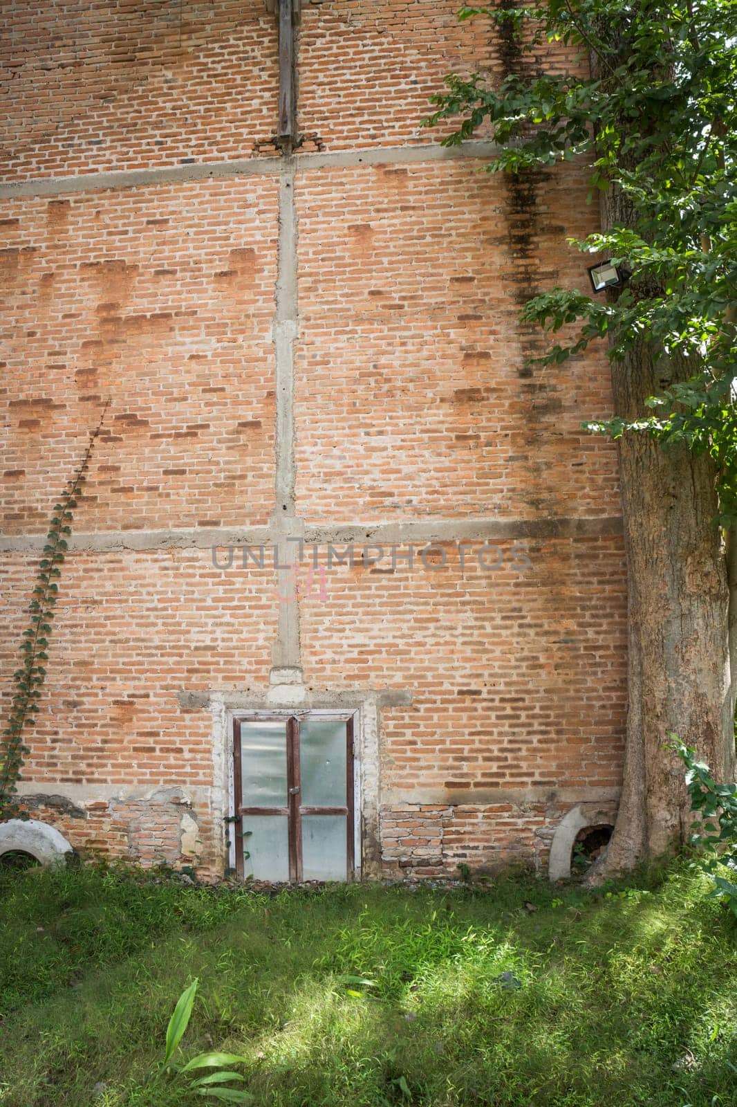 Zinc gate with old bricks wall and grass field, stock photo