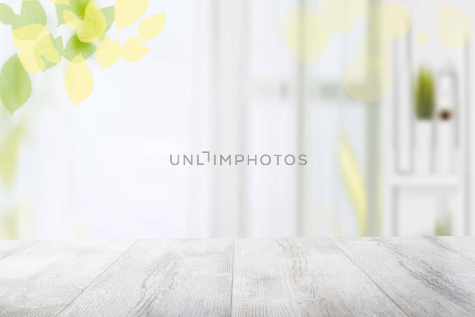 Table top and blur interior background. Rustic wooden bright table top and blurred kitchen interior background. Template for your product display montage.