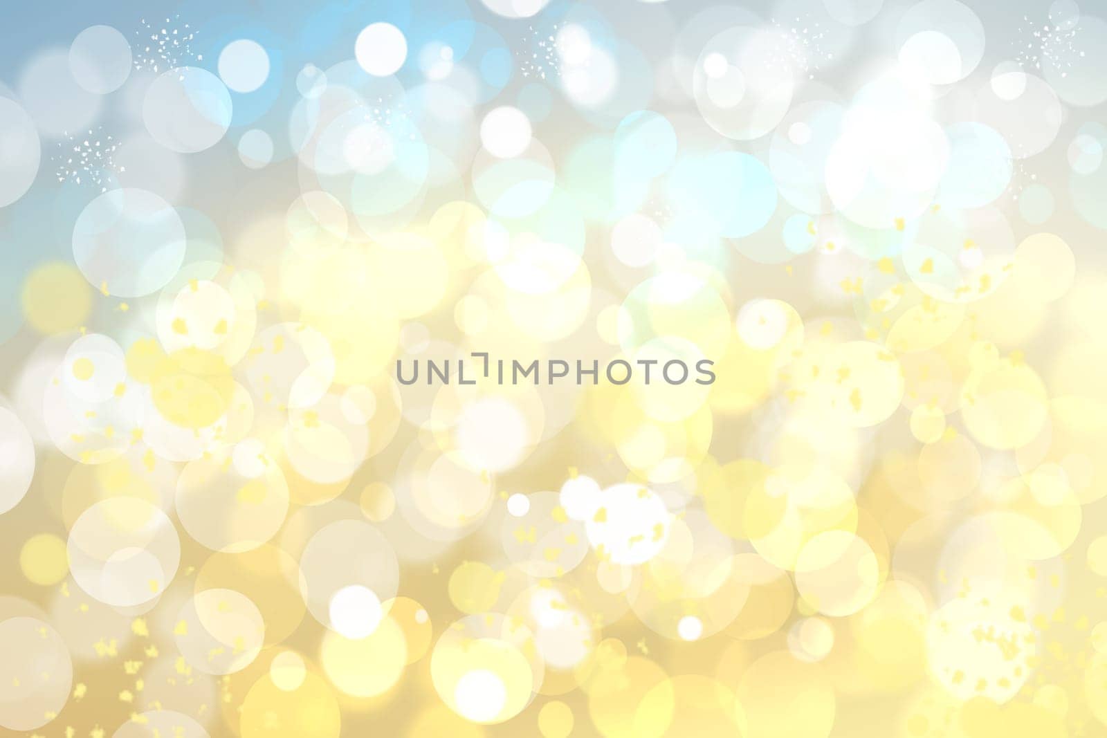 Abstract blurred yellow blue gradient pastel background texture with white bokeh circles.
