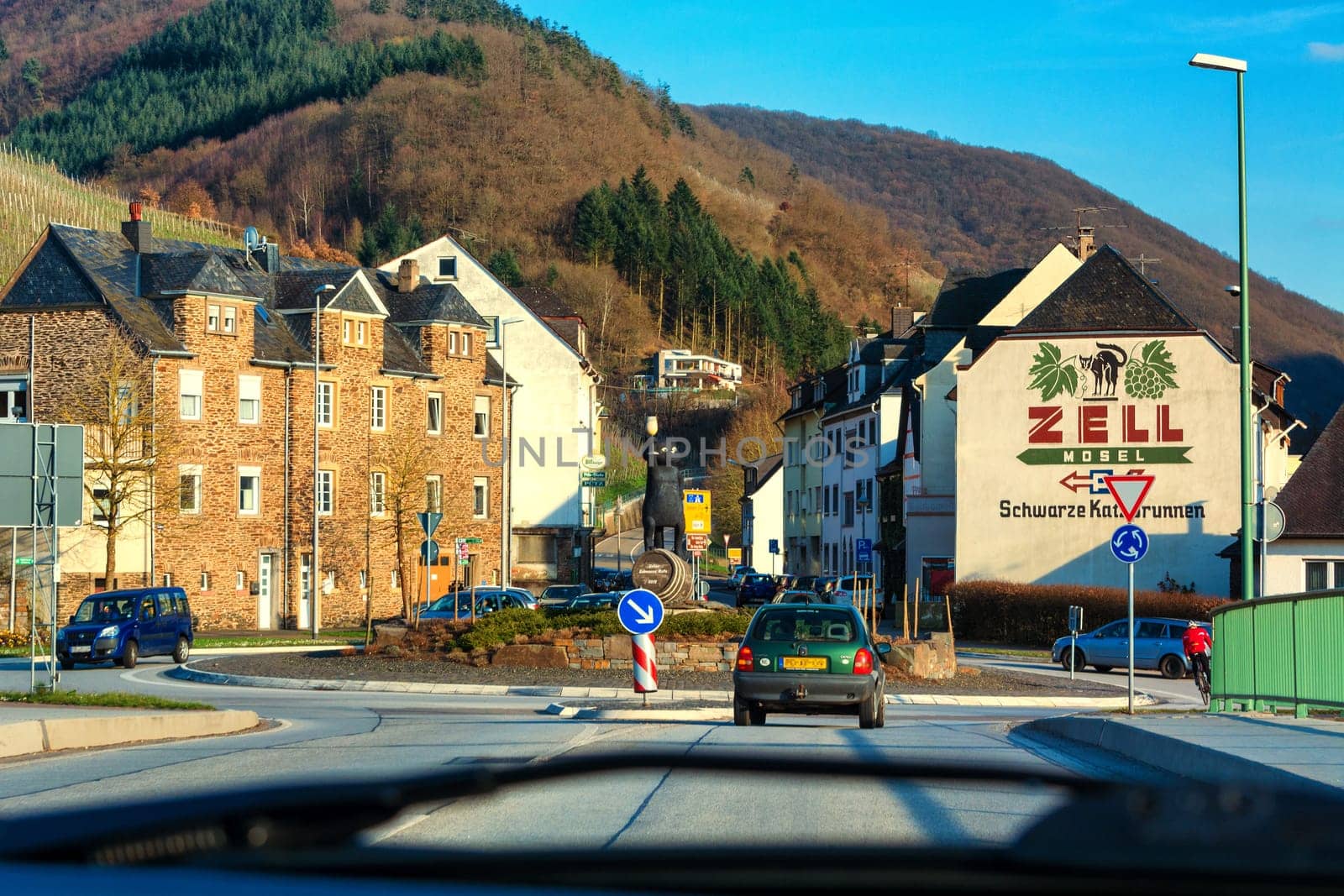 ZELL, GERMANY - MARCH 26, 2016: Entrance to Zell am Mosel with roundabout and view of the symbol and logo for the famous wine of Zell, Moselle, Rhineland-Palatinate, Germany, Europe.