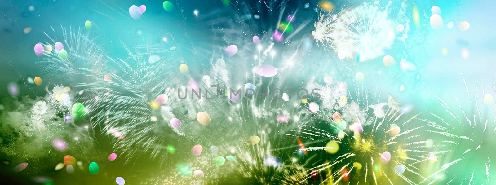 Stars and lights pattern of bright colorful fireworks with colorful stars and circles and confetti shapes added.