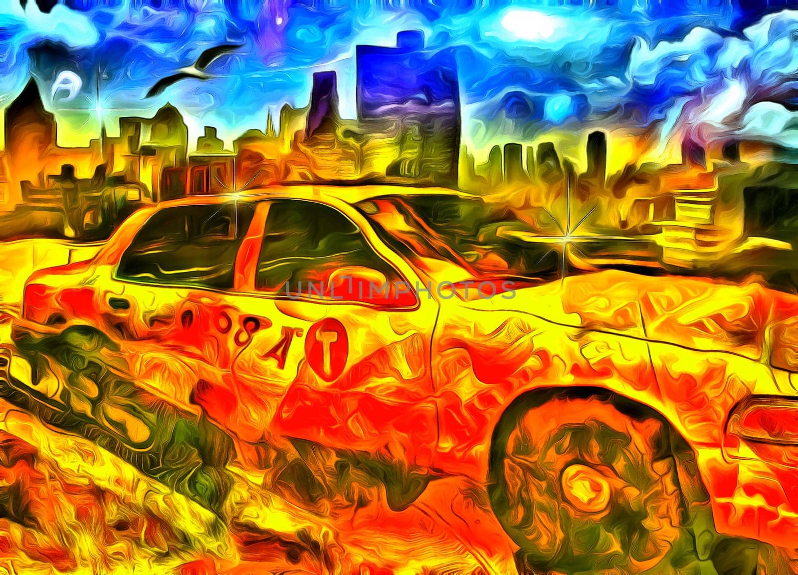 Surreal painting. New York Yellow Cab Taxi.
