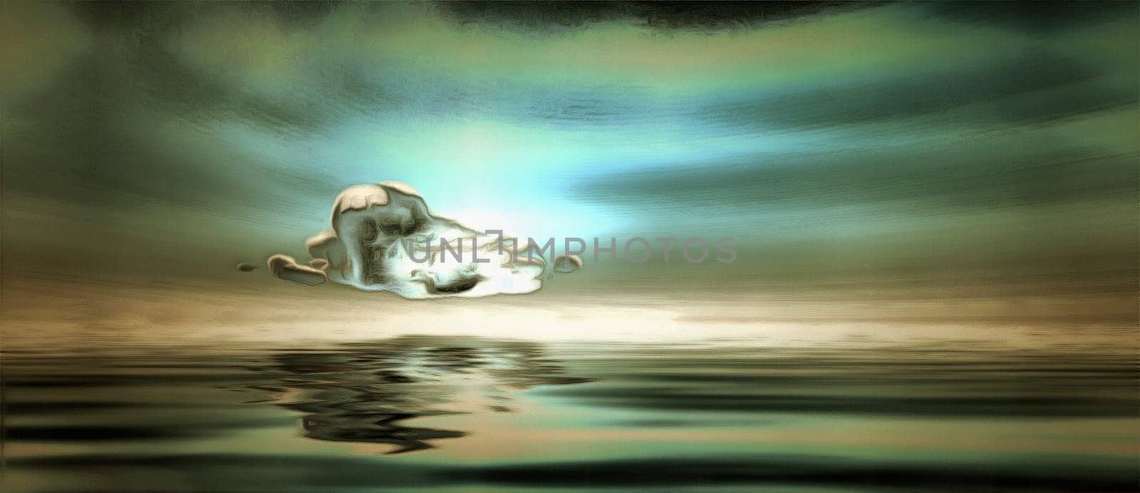 Surrealism. Lonely cloud hovers above water surface.