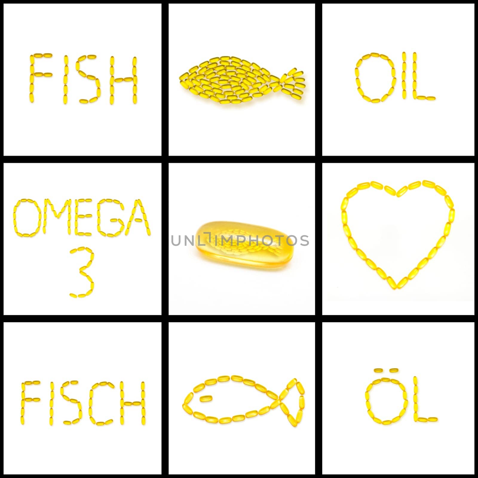 Collage with Fish oil capsules
