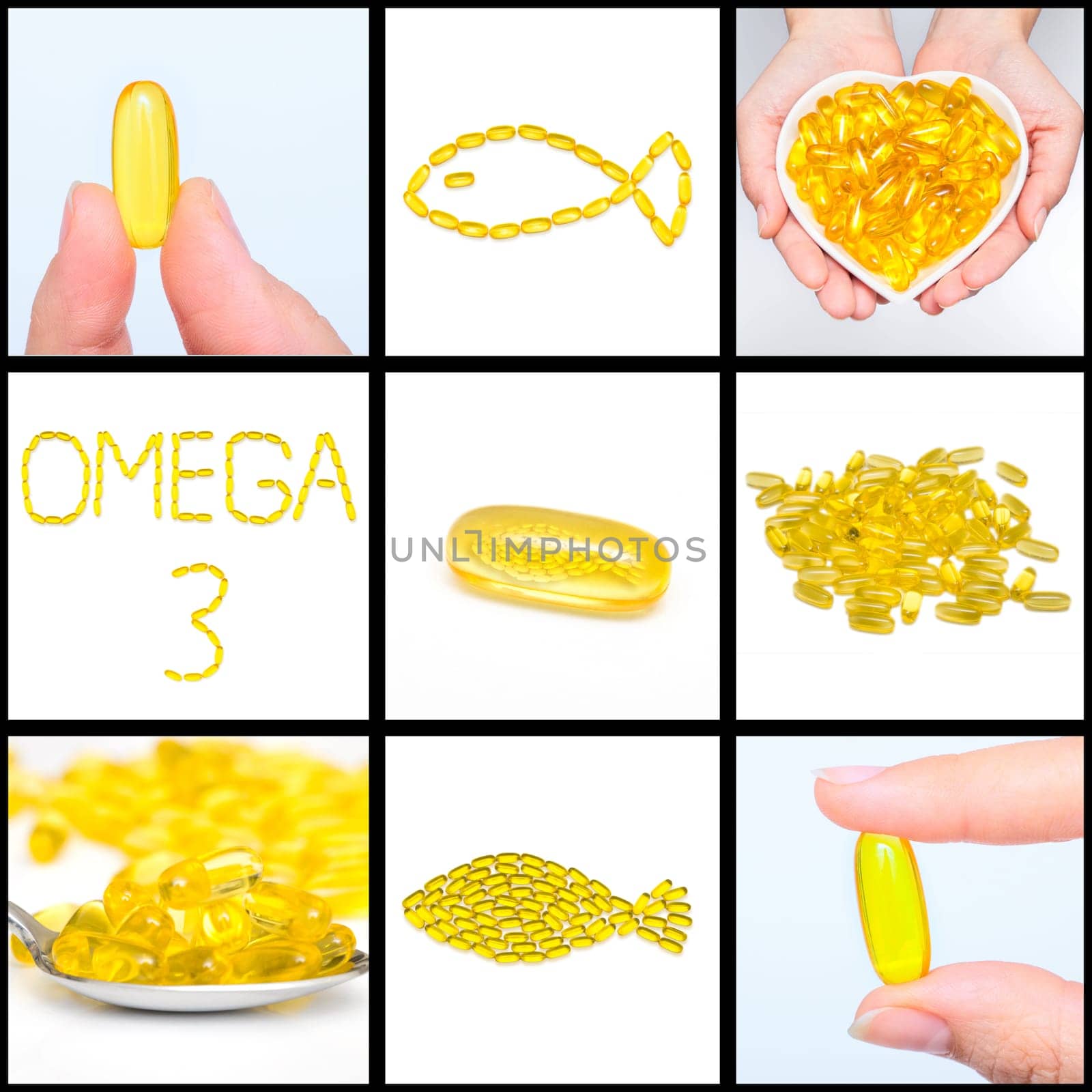 Collage with Fish oil capsules