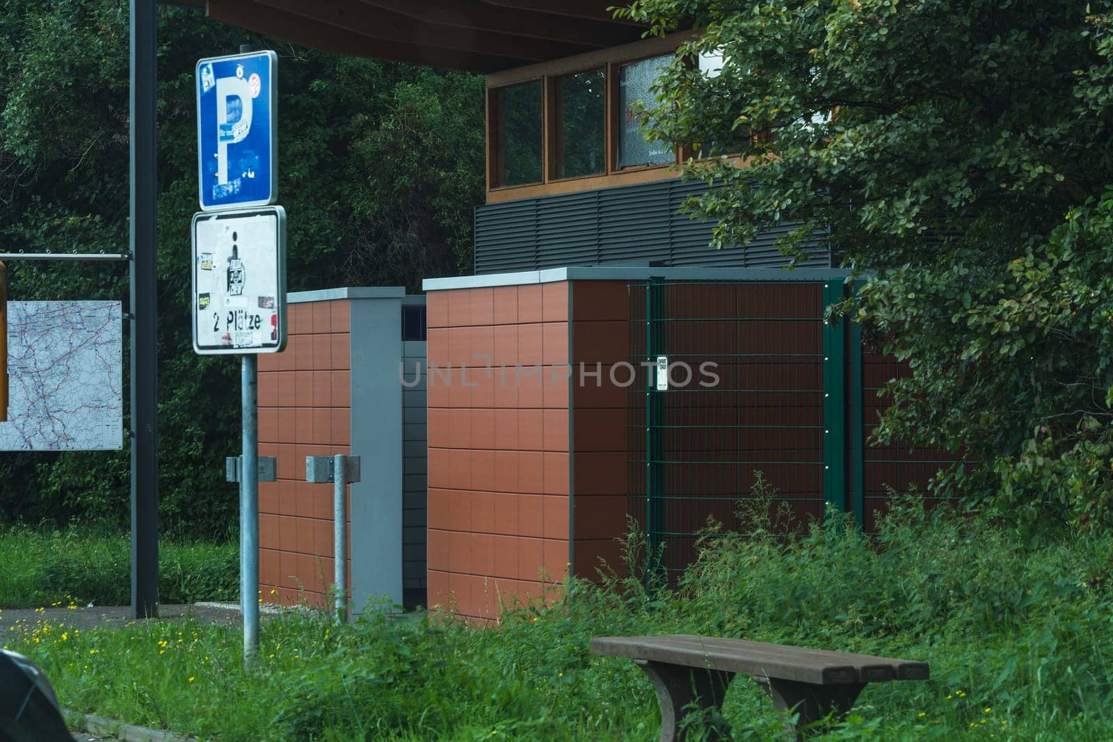 MOTORWAY A 61  GERMANY - AUGUST 13  2017: View from a parking lot to a public toilet on the A 61.