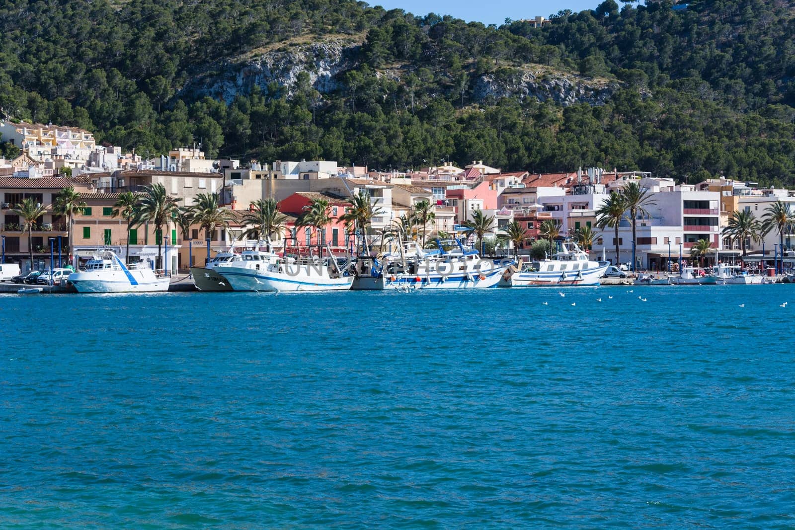 PORT ANDRATX, SPAIN - JUNE 01, 2016:.View of the Bay of Port Andratx Mallorca Baleares Spain. In the background motor boats and sailboats.