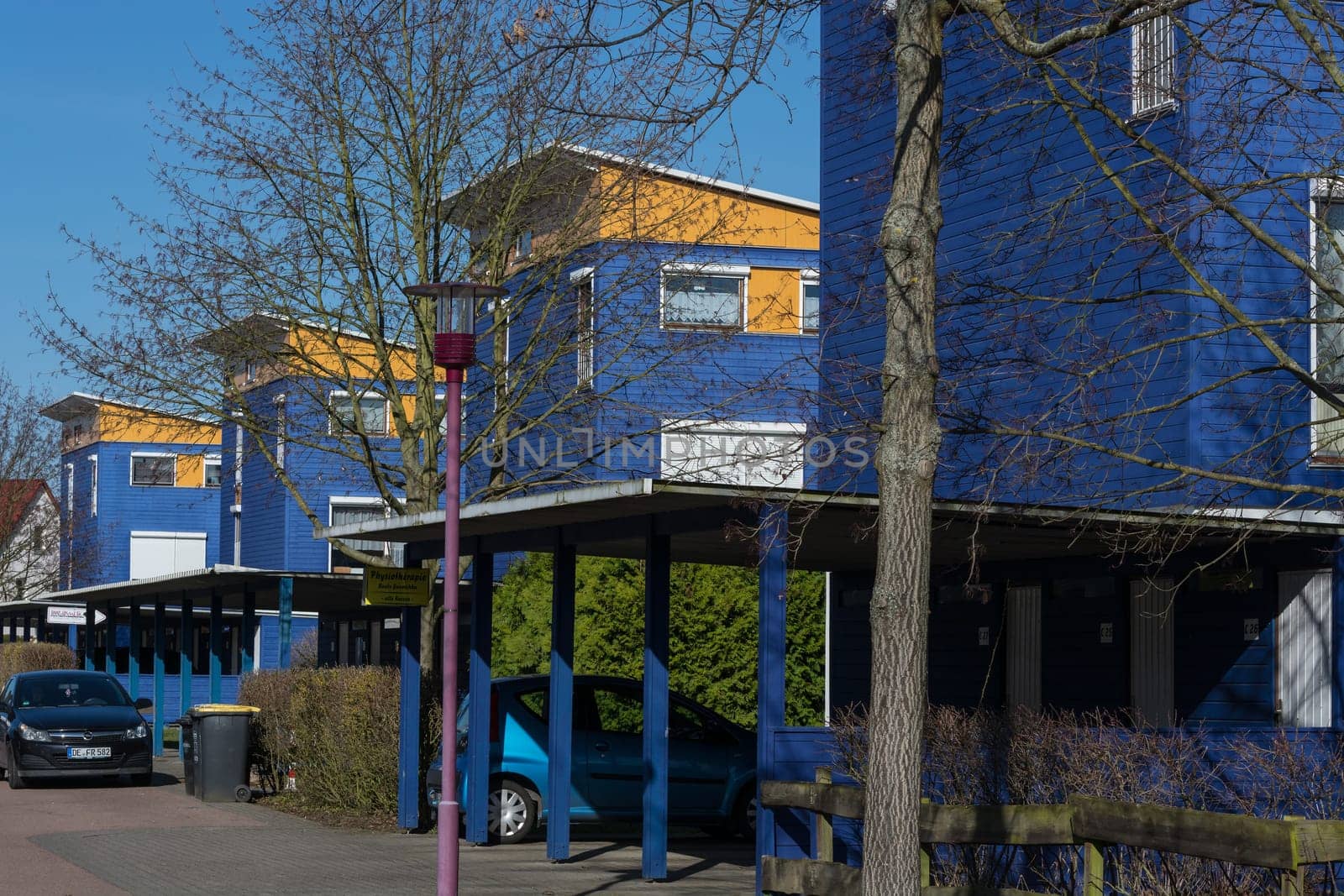 MEINSDORF, GERMANY - MARCH 24, 2017: A street in the European village in the district of Meinsdorf the city of Dessau-Roßlau. The European village was built after a Europe-wide architectural competition from 1993 to 1996.