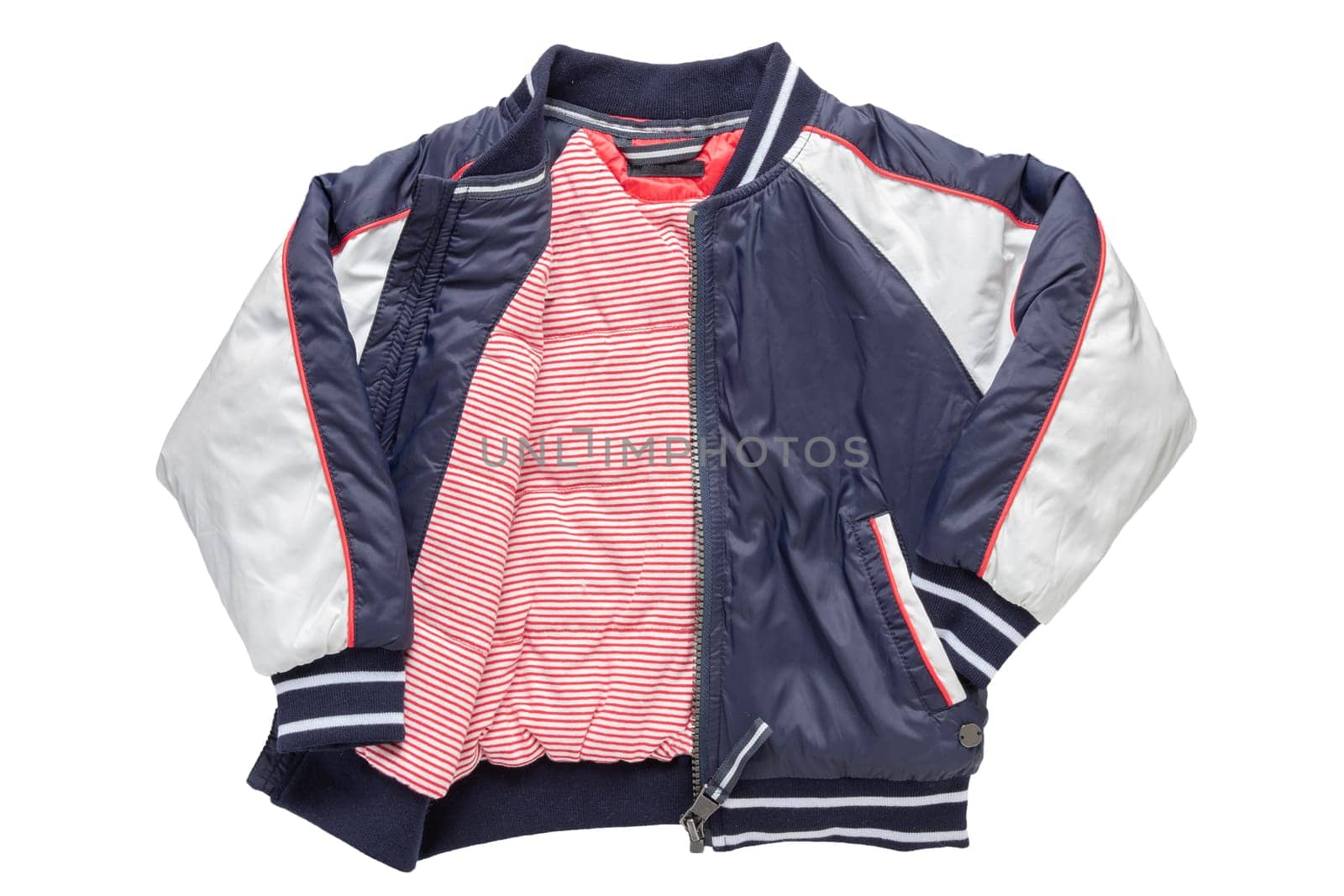 Children’s autumn or winter jacket. Stylish childrens blue and white warm down jacket isolated on a white background.