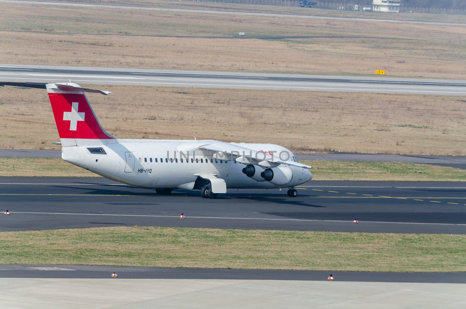 Duesseldorf, Nrw, Germany - March 18, 2015: Airplane of the Swiss International Air Lines during the start-up process at Düsseldorf Airport.