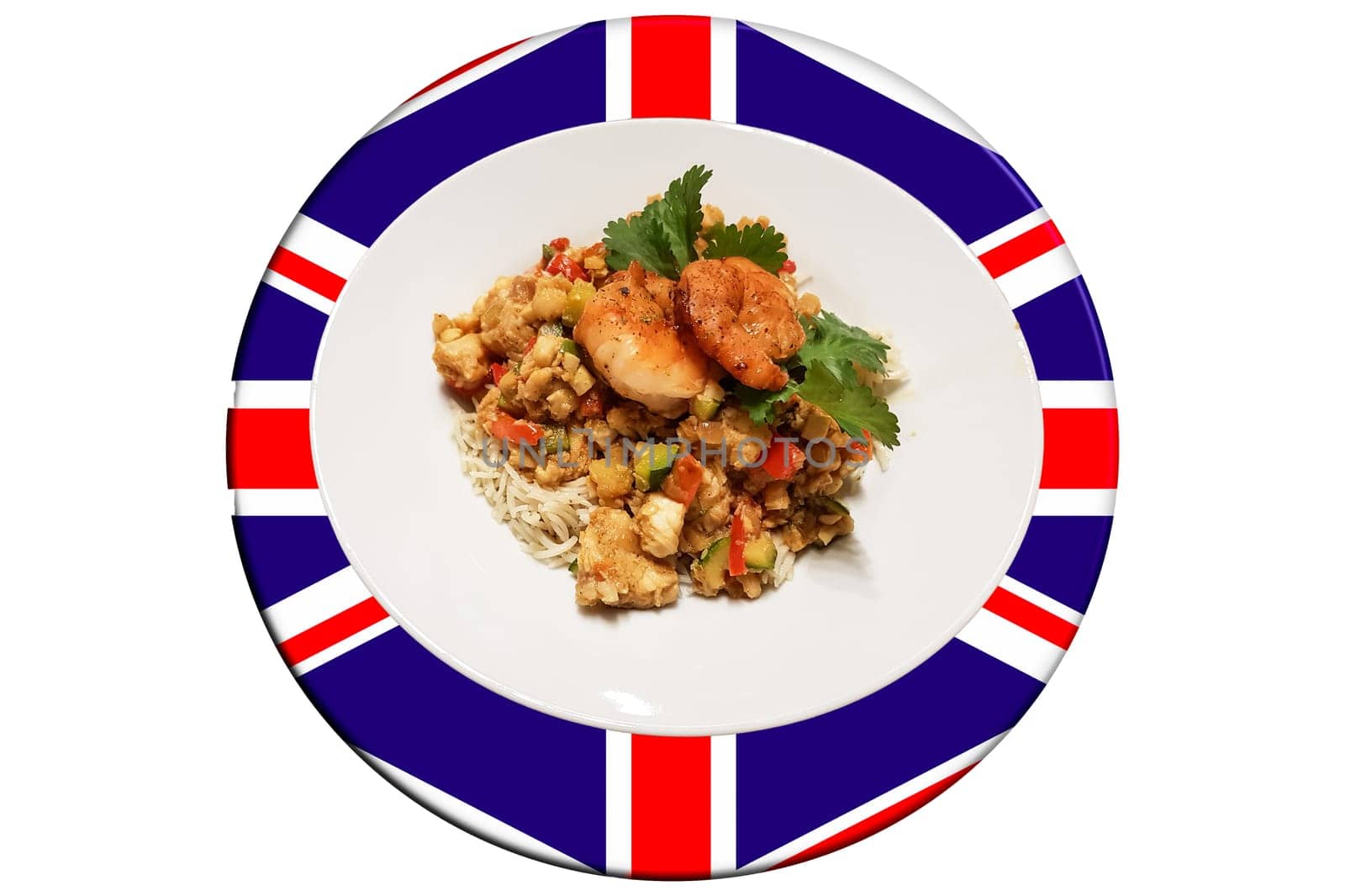Prawns with rice noodles and vegetables