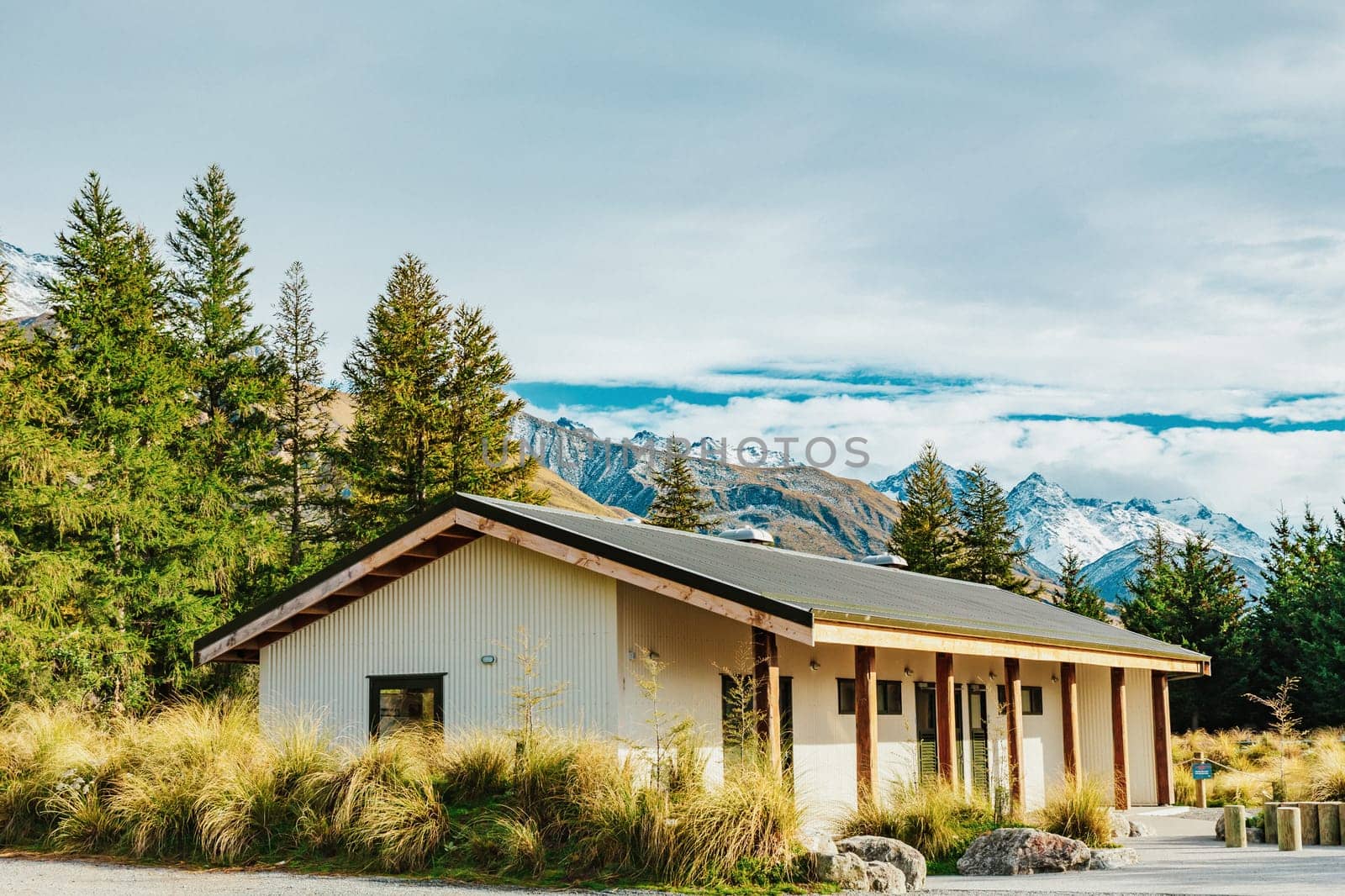 Alpine hut on Hooker Valley Track in Mount Cook National Park, New Zealand