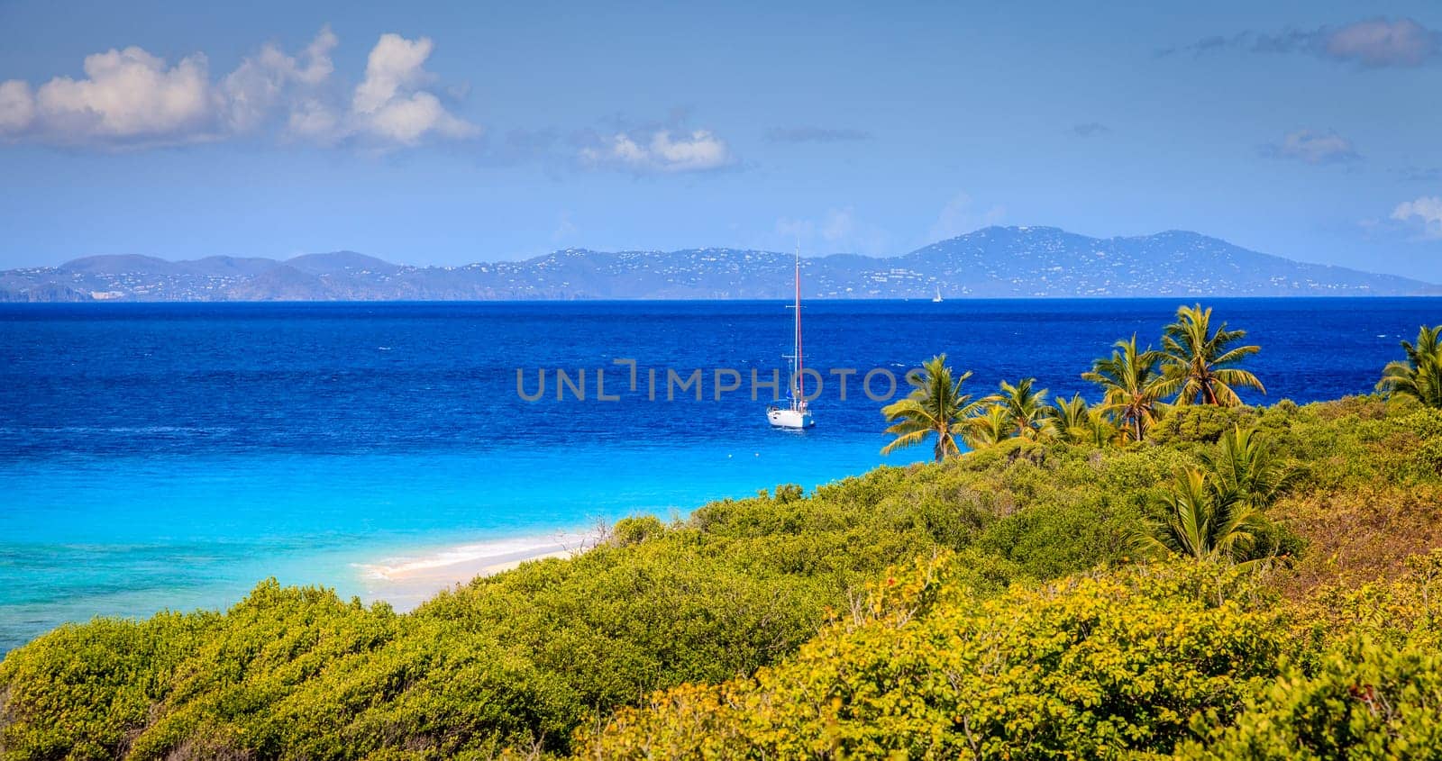 Seaside view from a small island in BVI with a sailboat