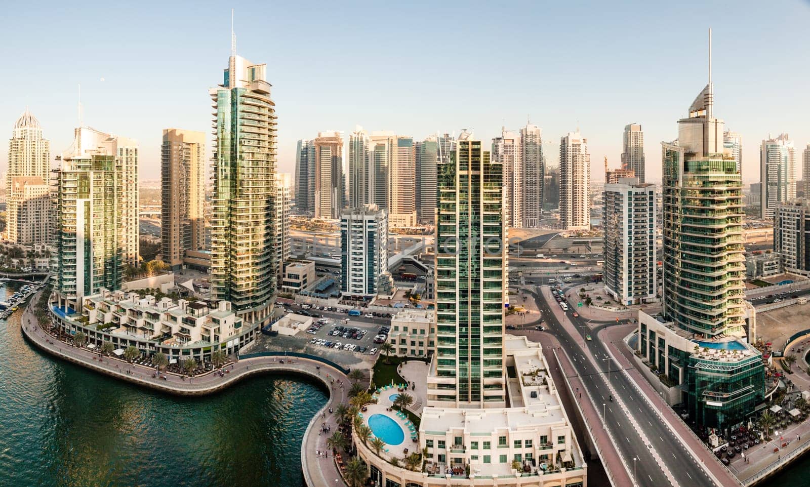 Panoramic view of Dubai Marina in UAE in the evening
