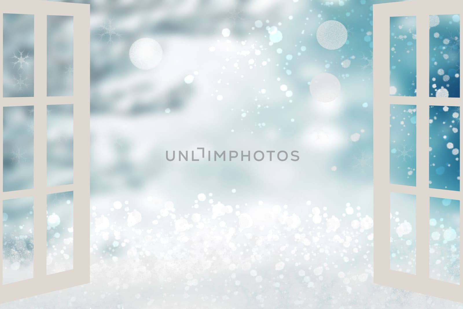Abstract festive snowbound landscape.  Open window with view of snowy landscape  with snowflakes. Winter christmas holidays or other festivals. Space for your design.