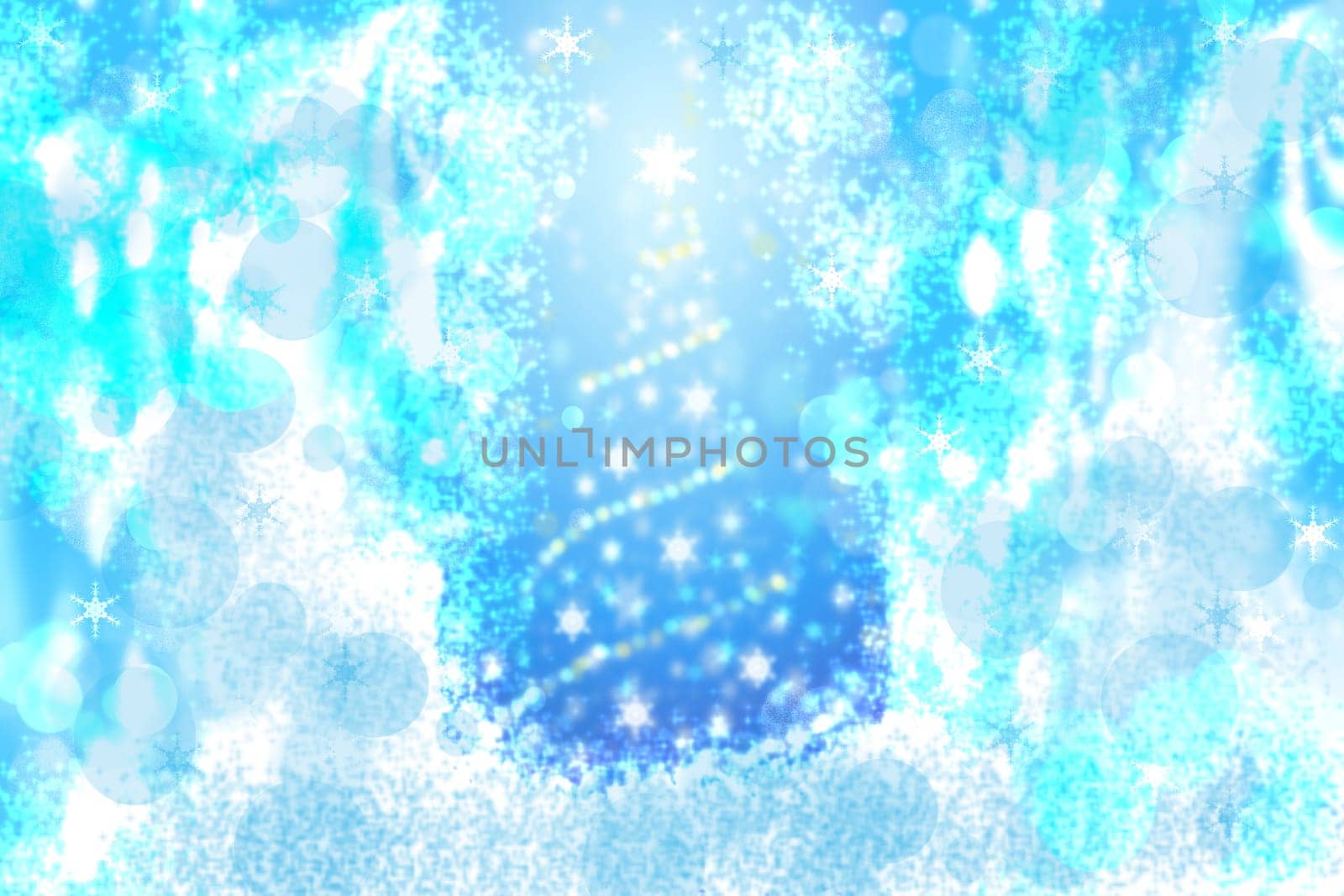 Abstract christmas tree background. Abstract blurred festive winter christmas or Happy New Year background with shiny blue and white bokeh lighted snow lights. Space. Card concept.