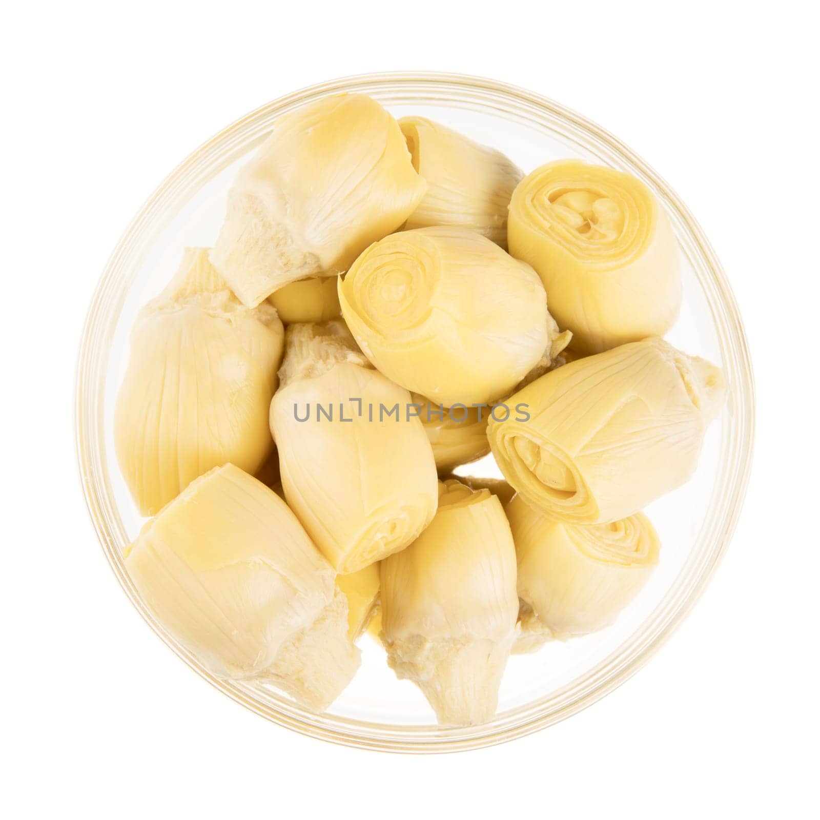 Whole artichoke hearts isolated on white background and viewed from above.