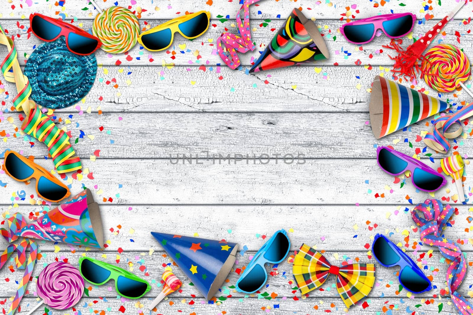 party carnival birthday celebration background with colorful streamer sunglasses confetti hat lolly pop on white wooden table