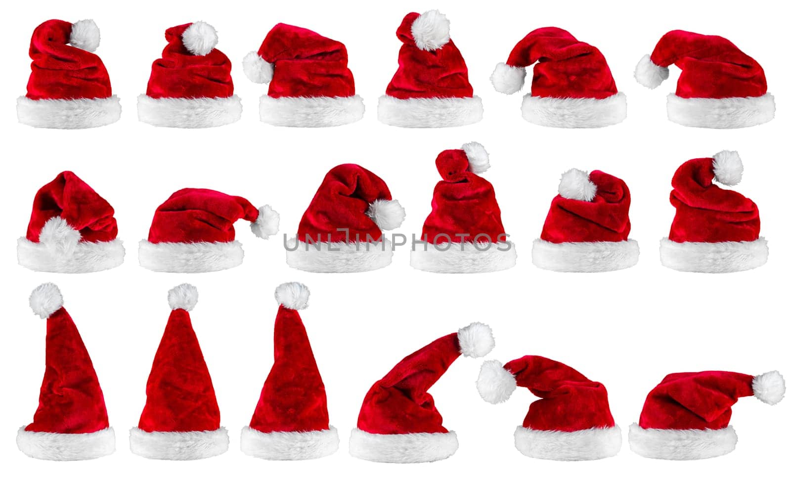 big set collection of red white plush santa claus christmas xmas hat isolated background