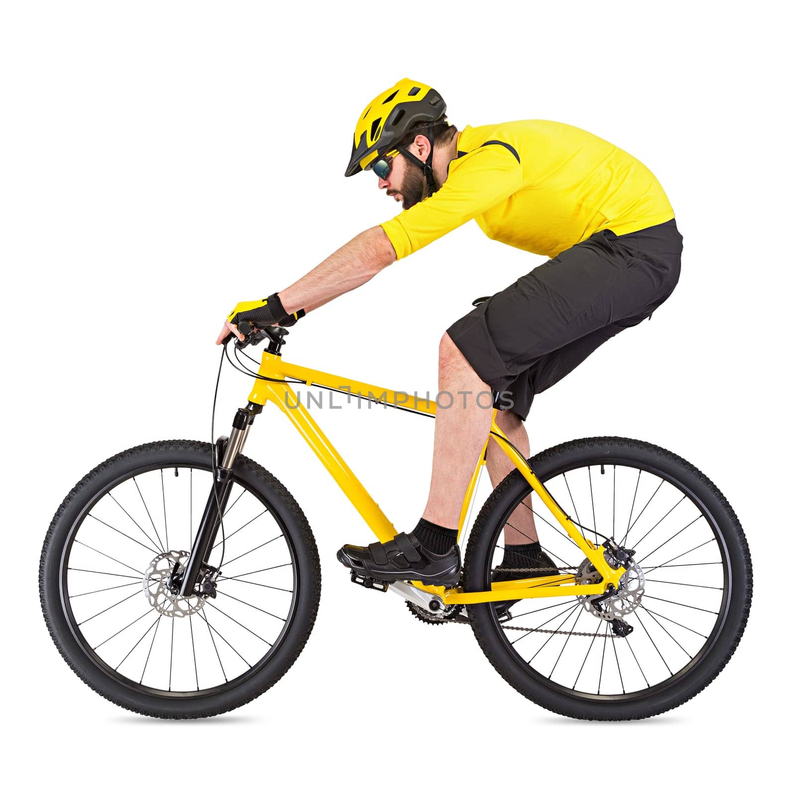 young cyclist with beard on yellow mountain bike isolated on white background