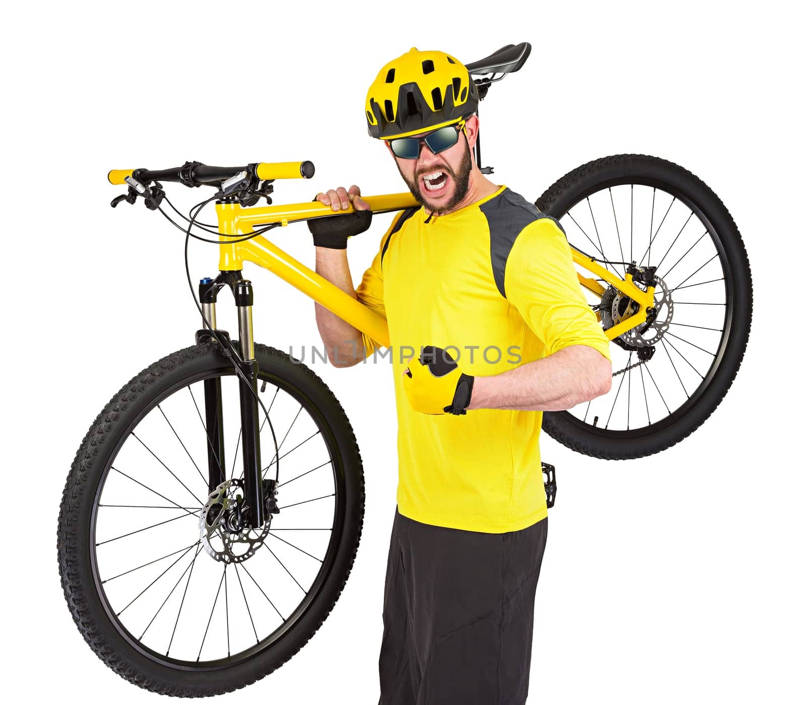 young cyclist with beard and yellow mountain bike on his shoulder isolated on white background
