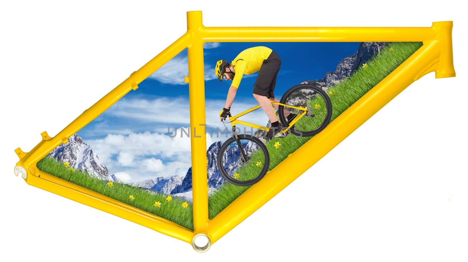 yellow mountain bike bicycle frame concept with cyclist riding downhill the lower tube  isolated on white background