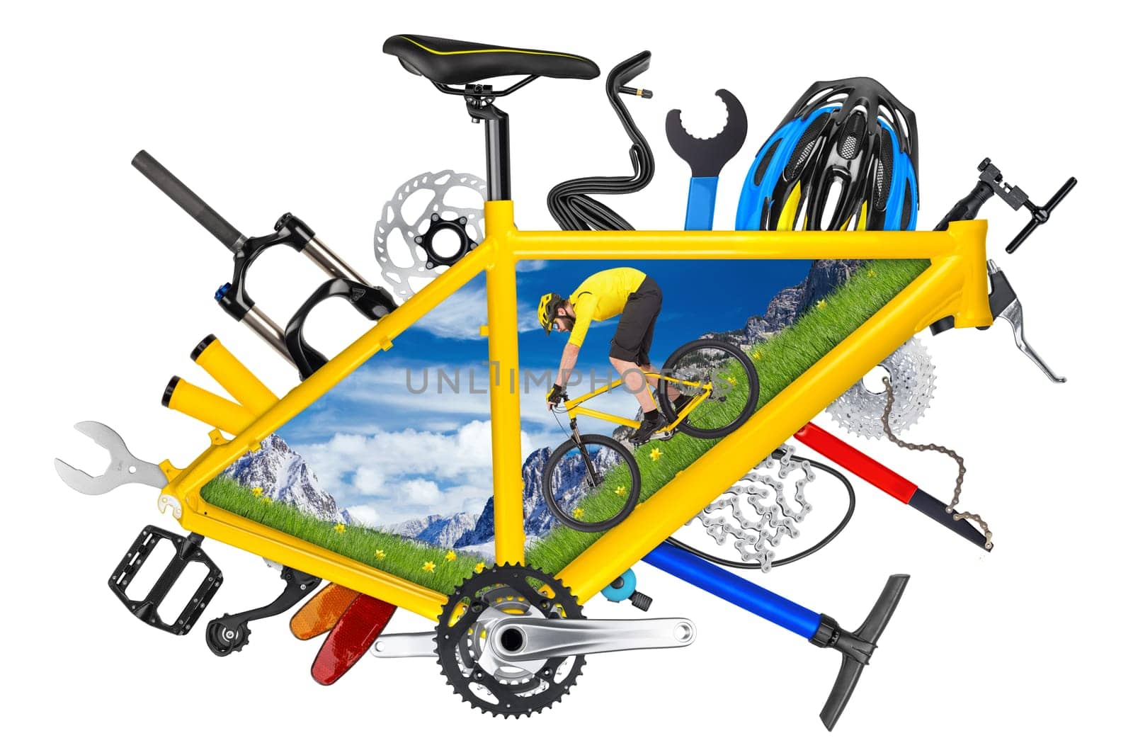 yellow mountain bike bicycle parts and frame concept with cyclist riding downhill the lower tube  isolated on white background