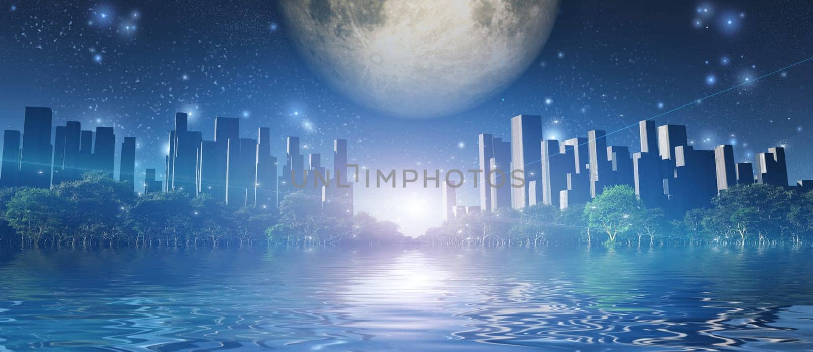 Surreal digital art. City of future surrounded by green trees in water world. Giant moon in the sky.