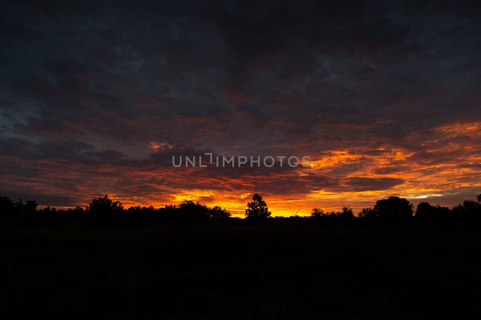 Sunrise, landscape with clouds and silhouette in the morning