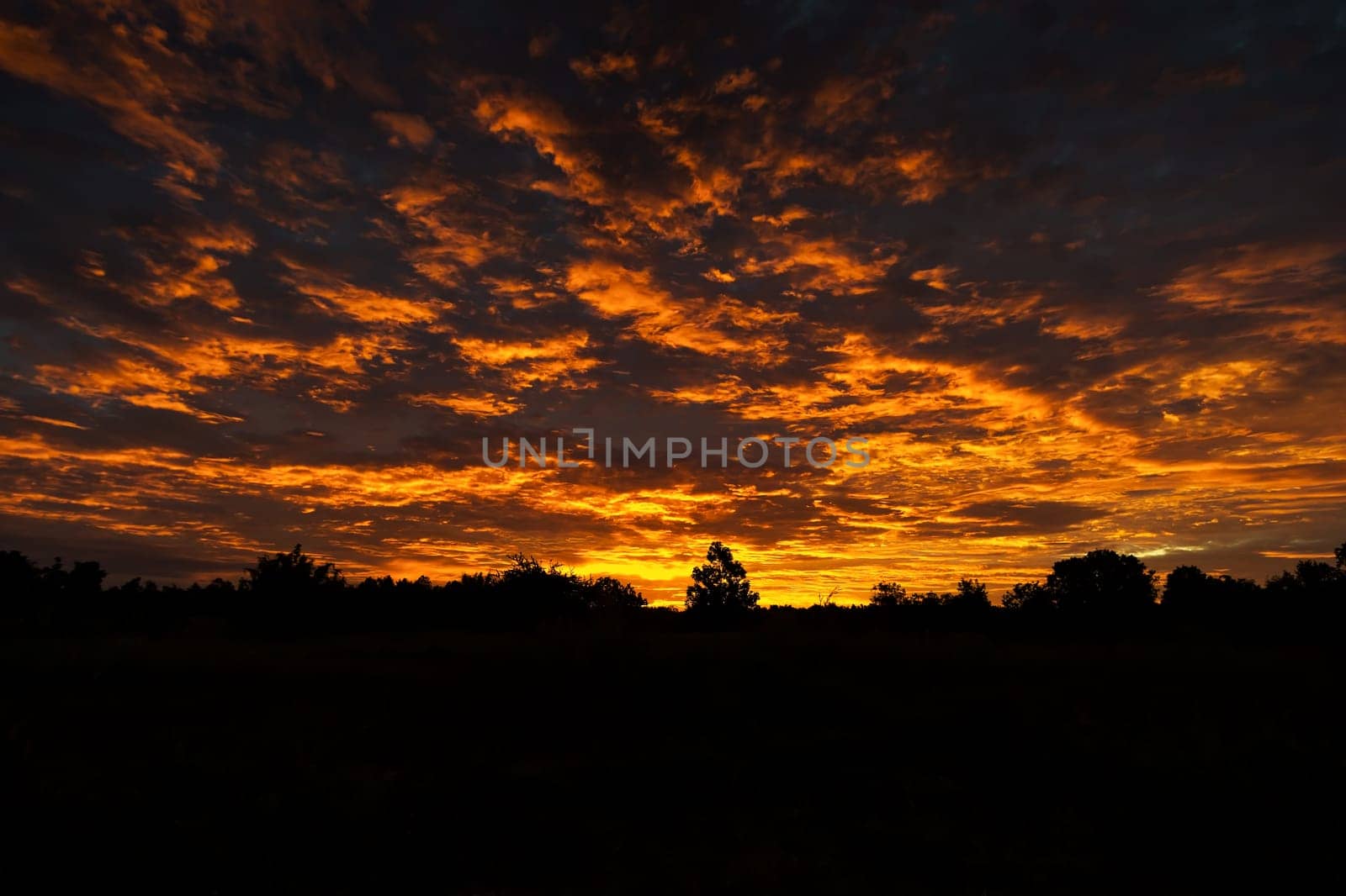 Sunrise, landscape with clouds and silhouette in the morning