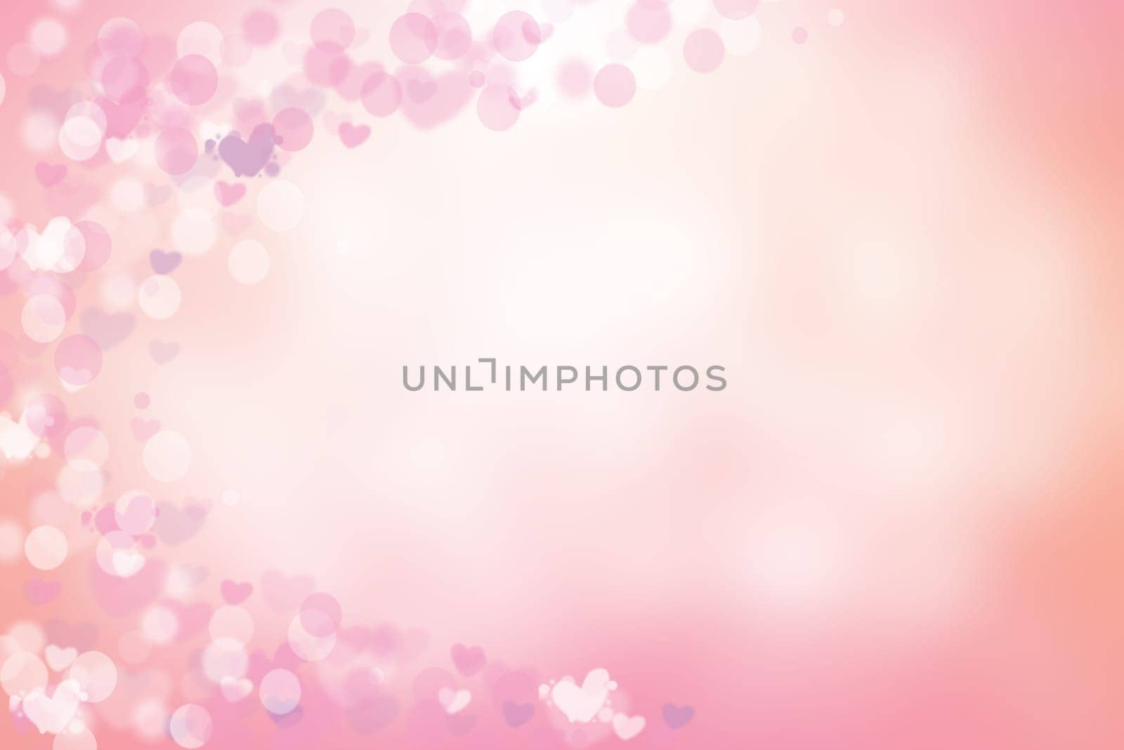 Abstract festive blur bright pink pastel background with white and pink hearts love bokeh for valentine or wedding card. Space for design. Card concept.