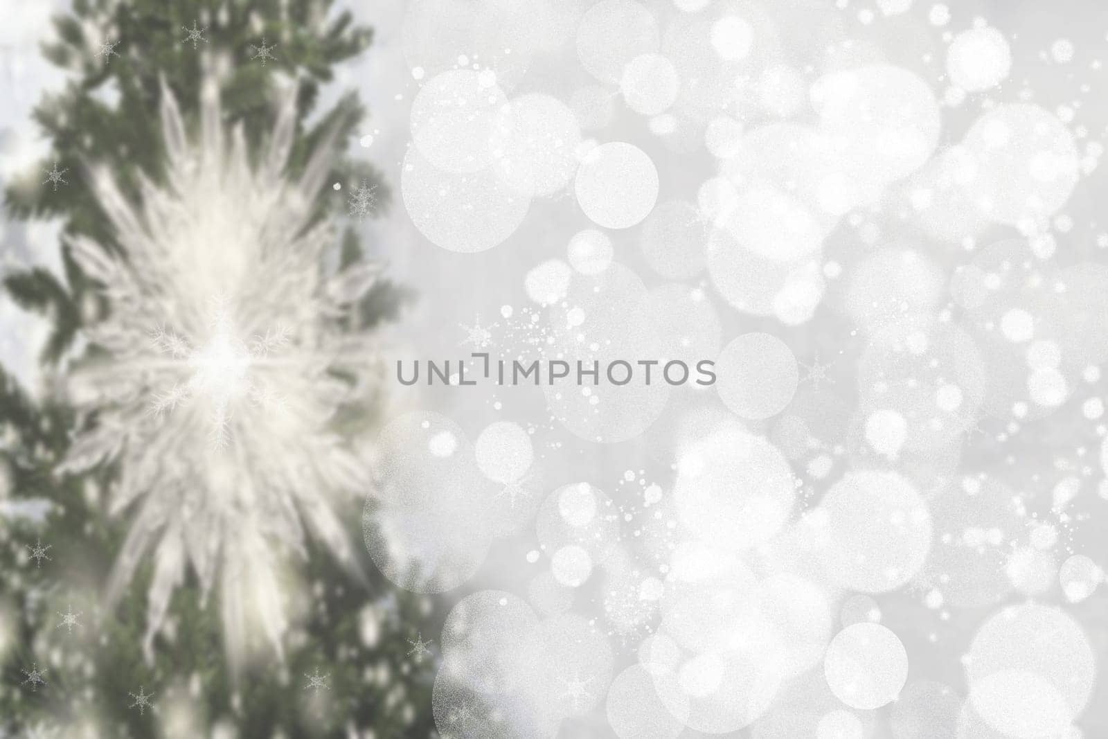 Abstract christmas tree bokeh background. Abstract blurred festive winter xmas backdrop texture with shiny silver and white bokeh snow lights. Space. Card concept.
