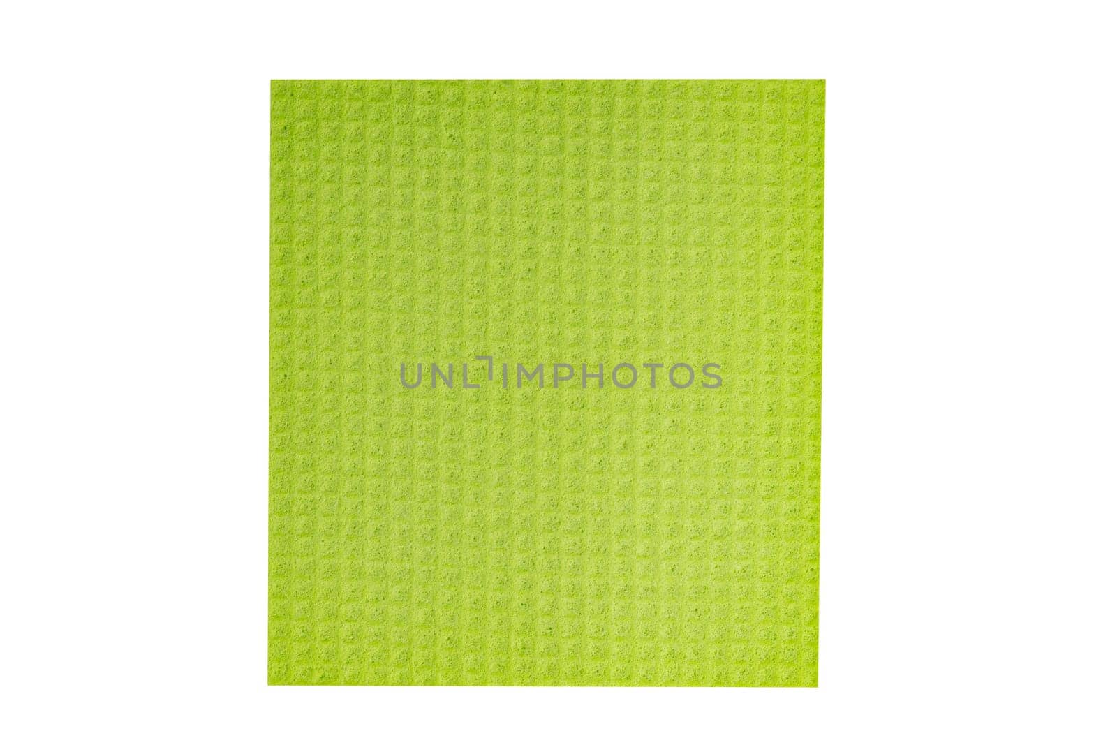 Household cleaning cloth. Closeup of bright green viskose cleaning rag isolated on a white background. Top view.