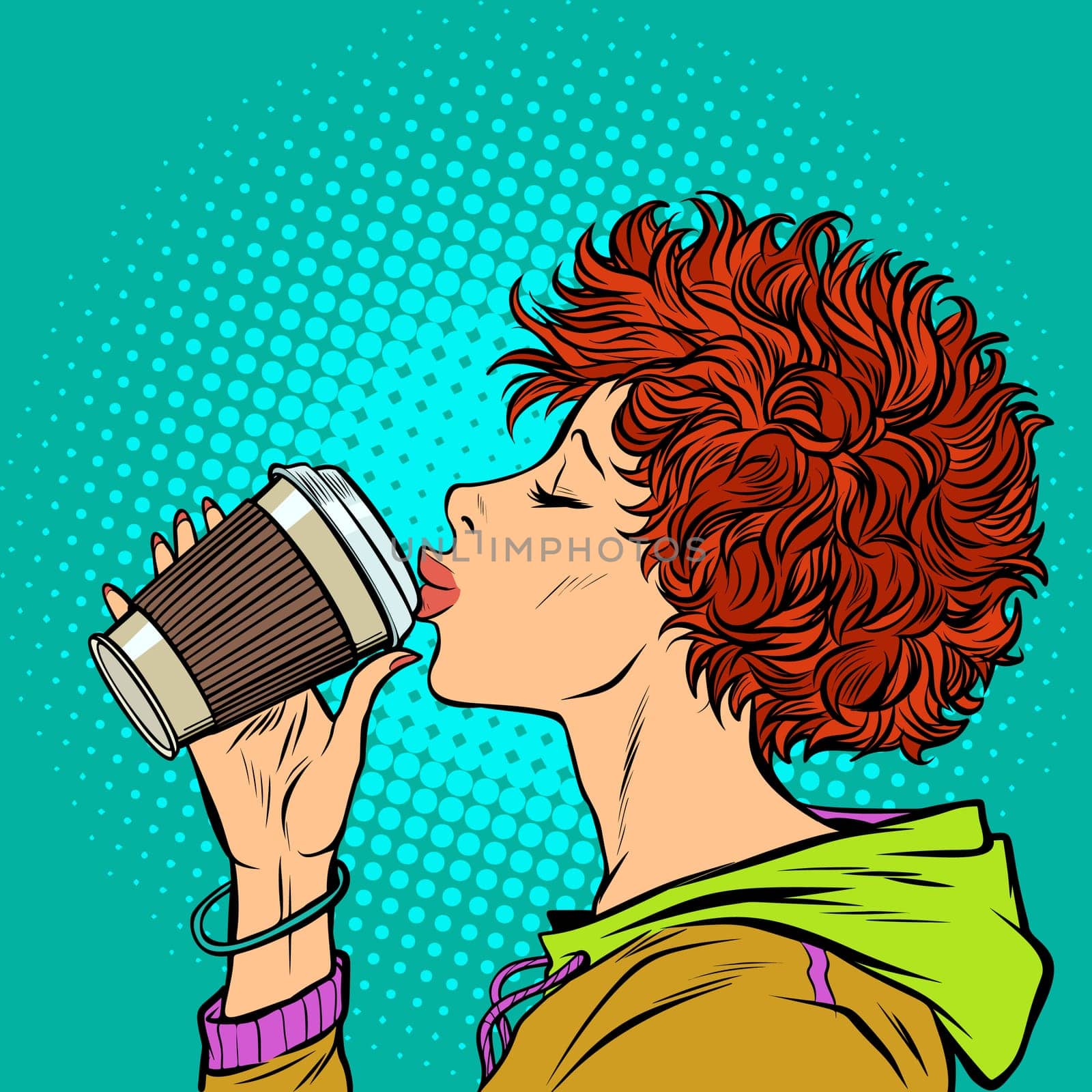 modern woman drinks a paper Cup of coffee. Pop art retro vector illustration. Girls 80s