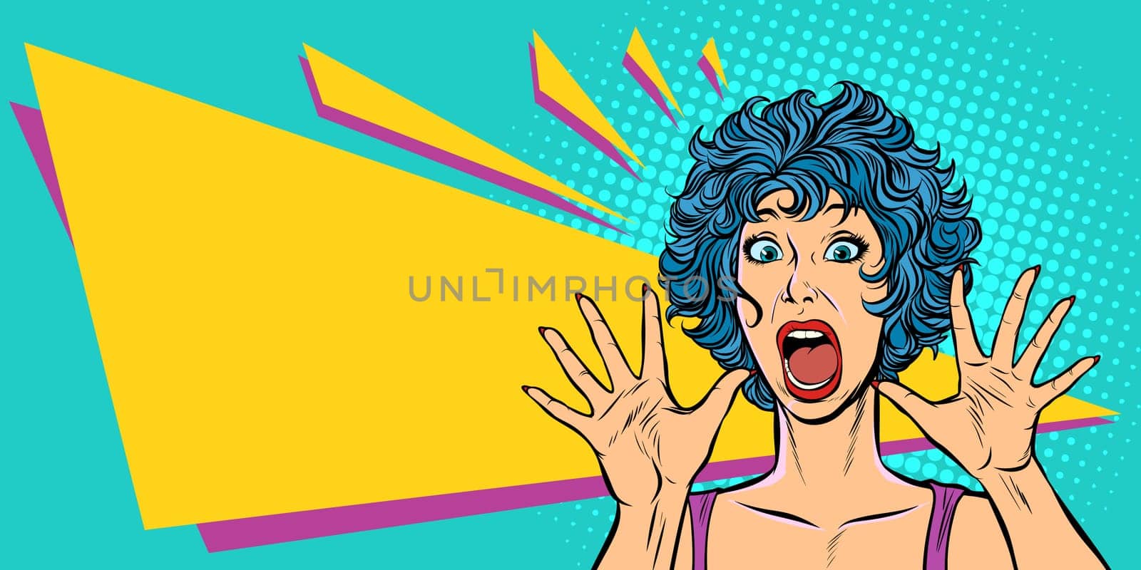 woman panic, fear, surprise gesture. Pop art retro vector illustration. Girls 80s