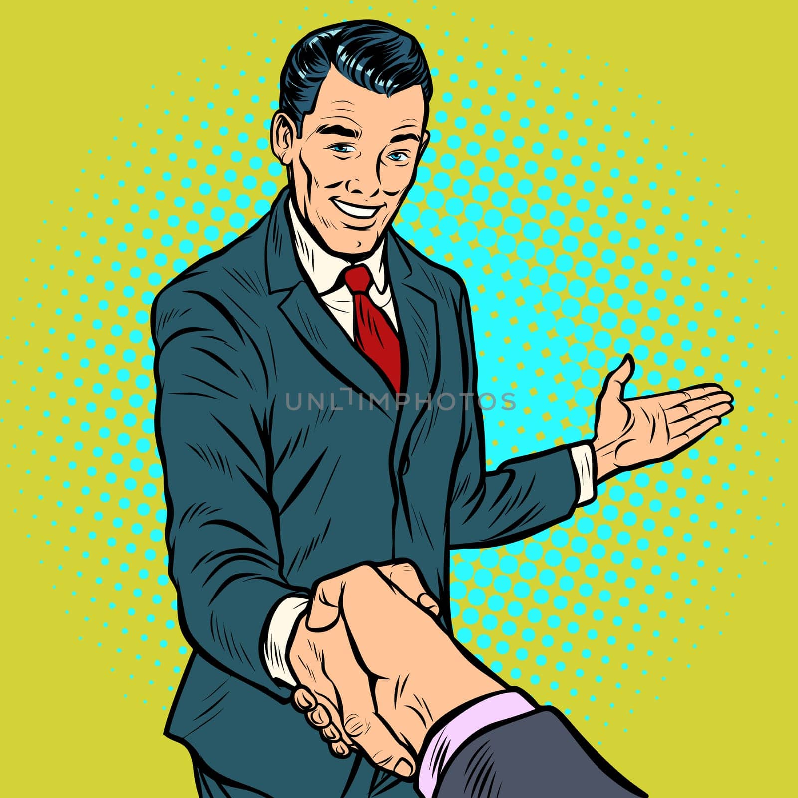 businessman handshake, partnership and cooperation. Pop art retro vector illustration