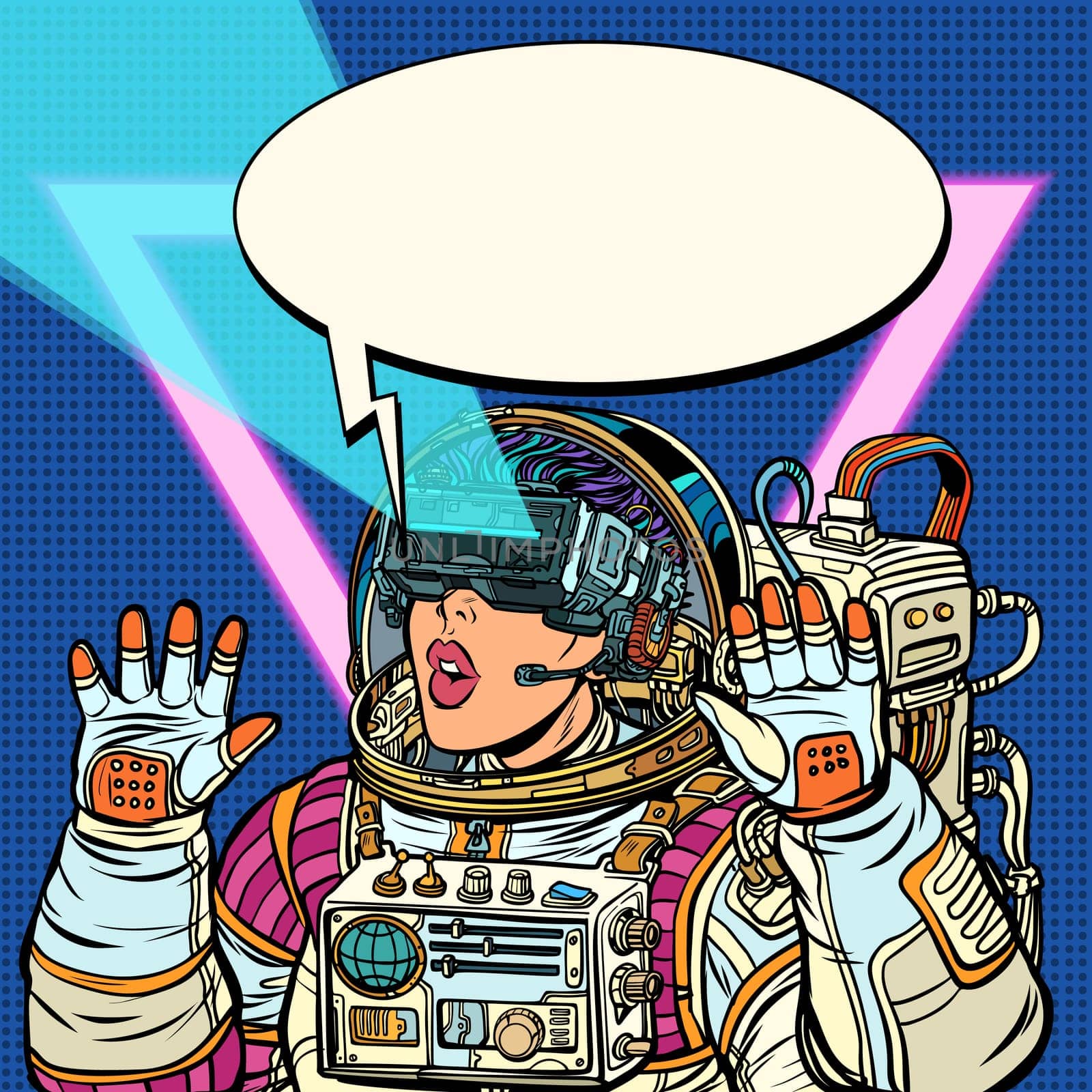 Woman astronaut in virtual reality glasses. Pop art retro vector illustration. Girls 80s