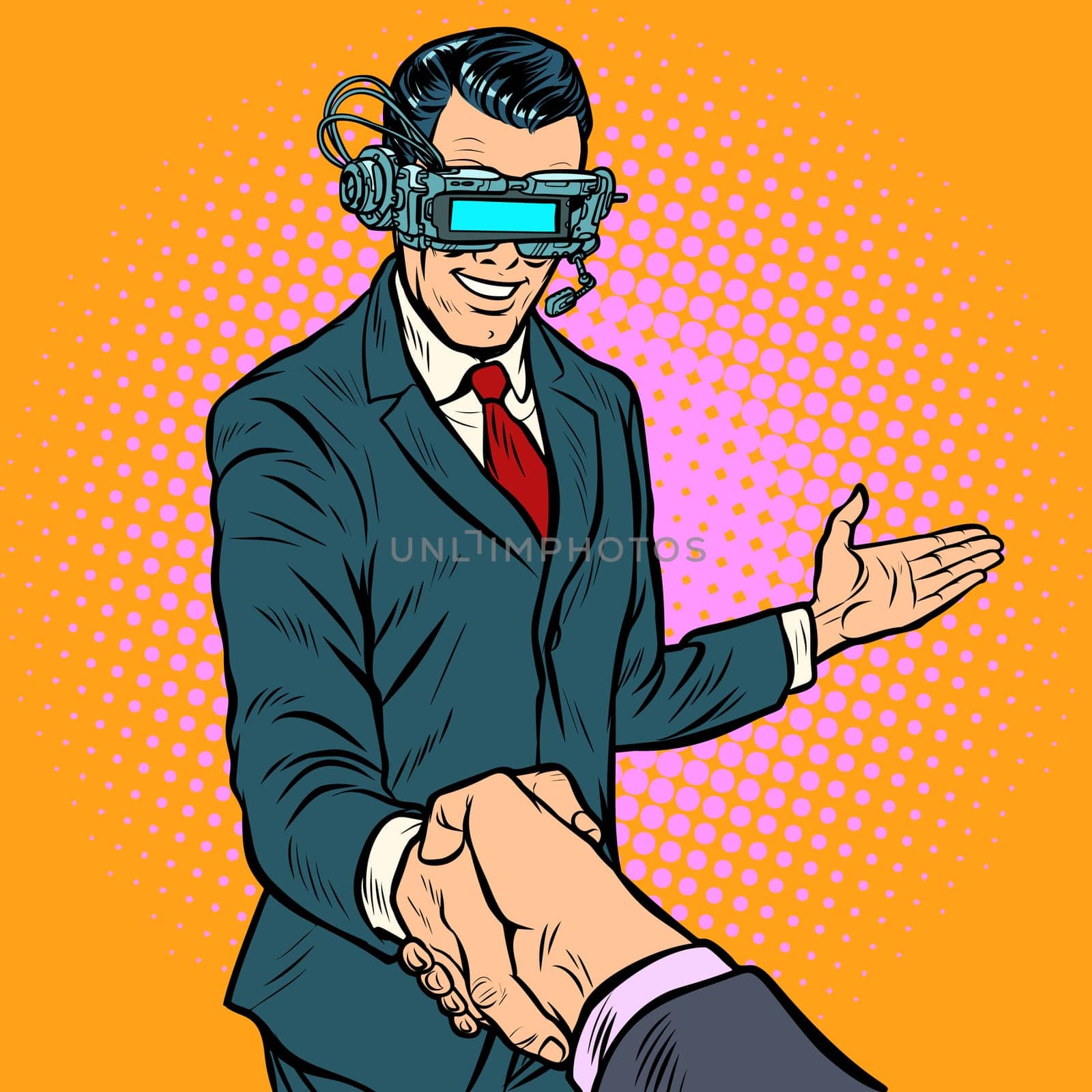 businessman shaking hands in virtual reality. Pop art retro vector illustration