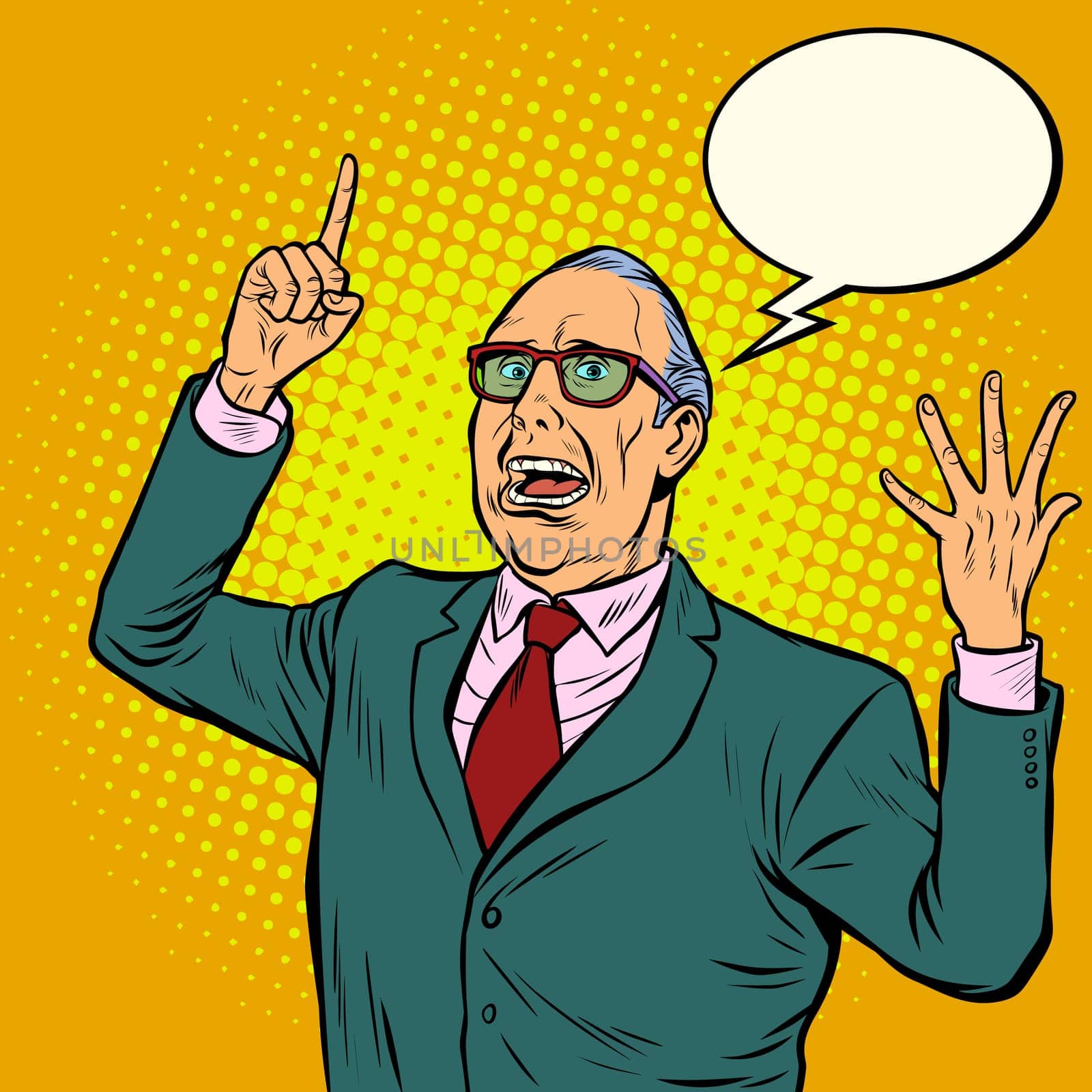 Old man emotional speaker. Pop art retro vector illustration