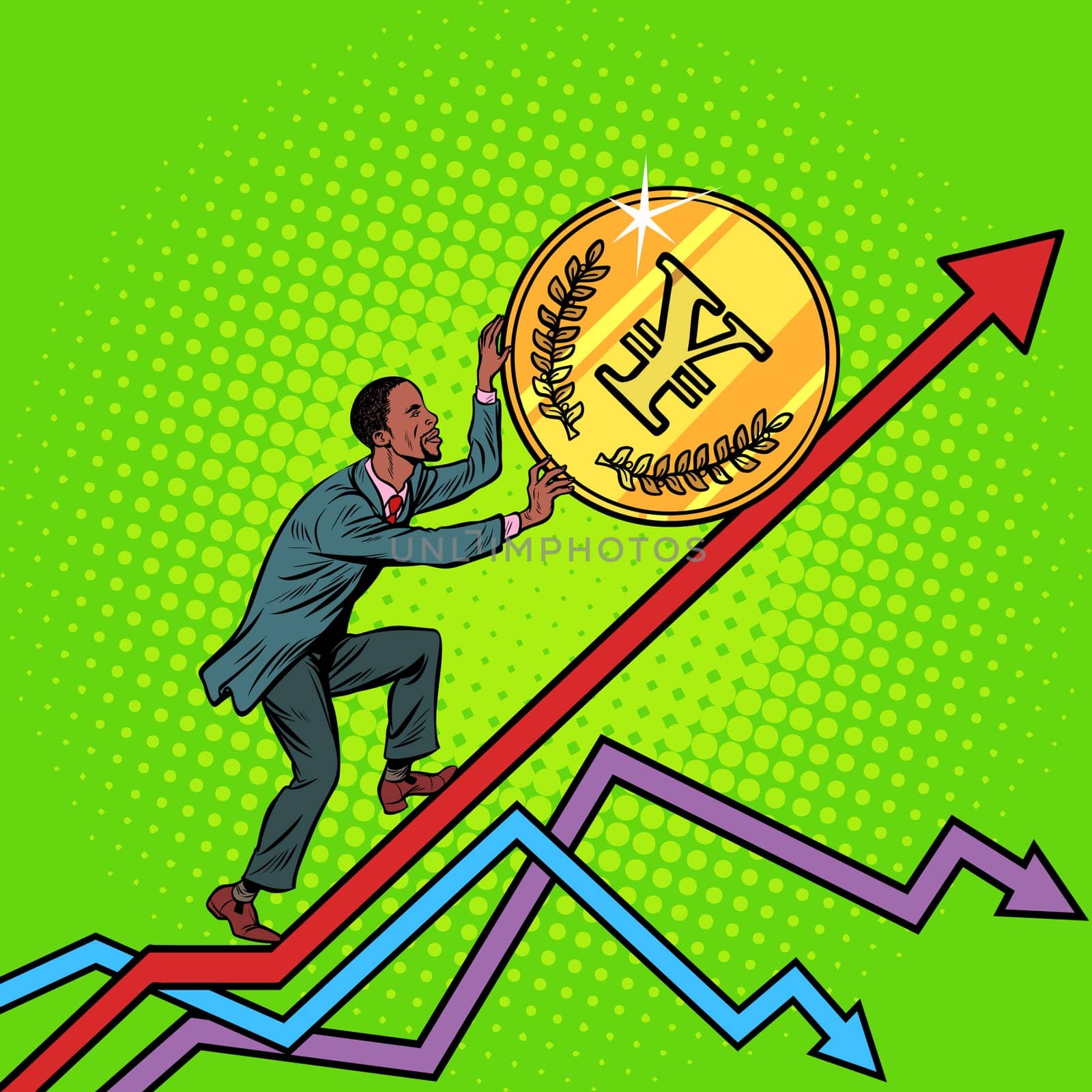 African American man roll a yen coin up. Pop art retro vector illustration vintage kitsch