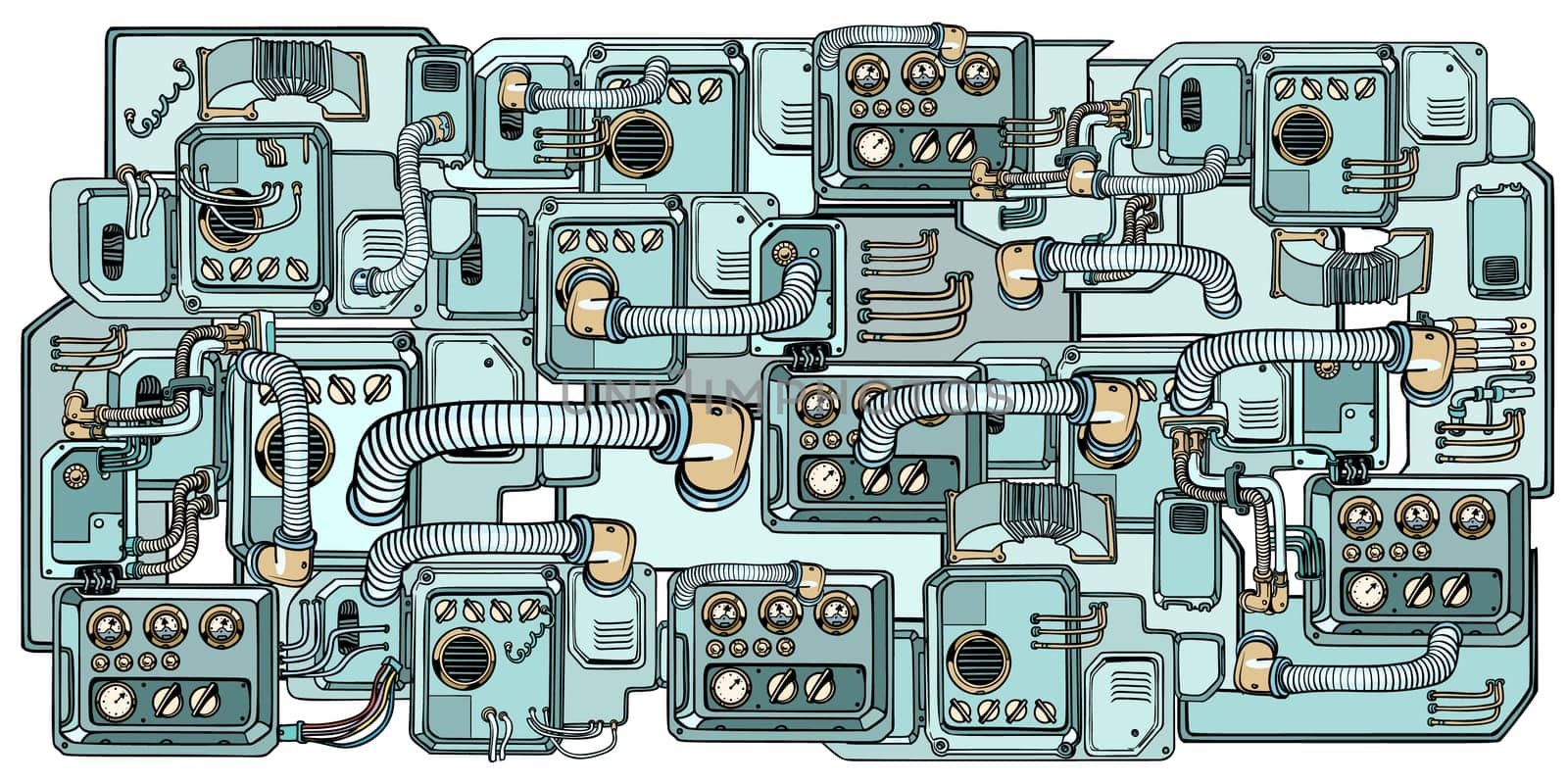 Retro science. Cyberpunk robots mechanisms and machines. Details of the spacecraft. Pop art retro vector illustration