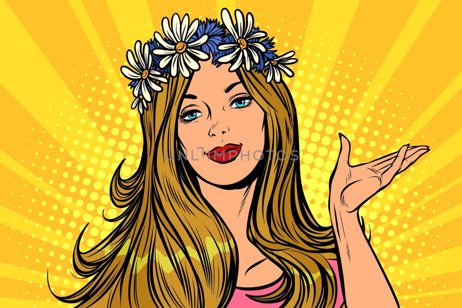 Beautiful woman in a flower wreath. Presentation gesture. Pop art retro vector illustration vintage kitsch