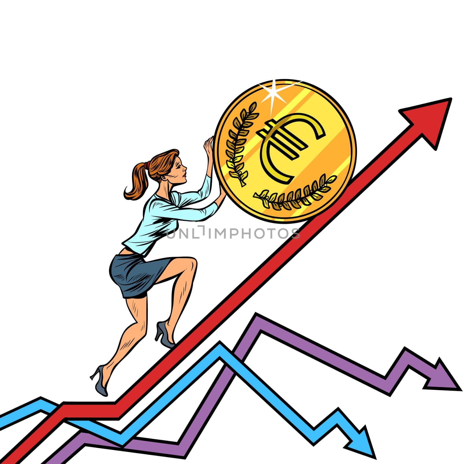 woman businesswoman roll a euro coin up. isolate on white background. Pop art retro vector illustration vintage kitsch