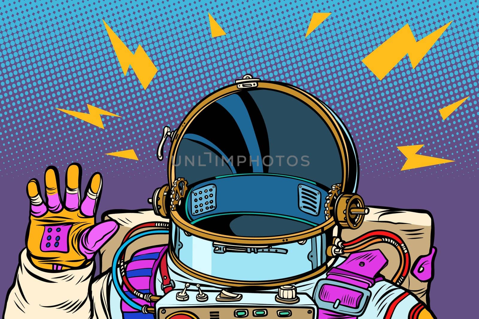 spacesuit astronaut, Hello gesture. Pop art retro vector illustration vintage kitsch