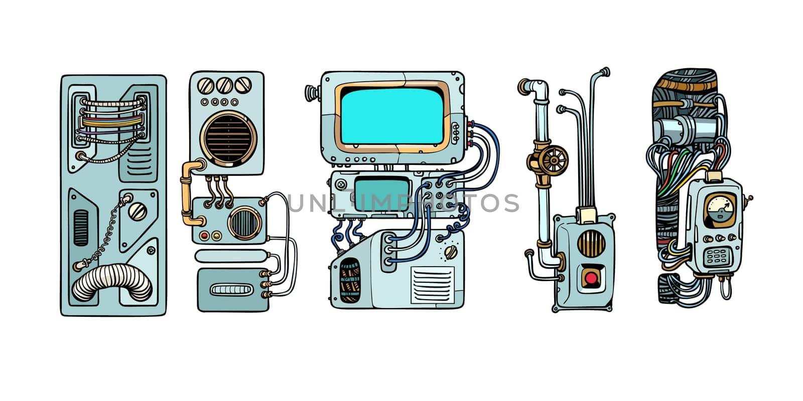 Retro science. Cyberpunk robots mechanisms and machines. Details of the spacecraft. Pop art retro vector illustration